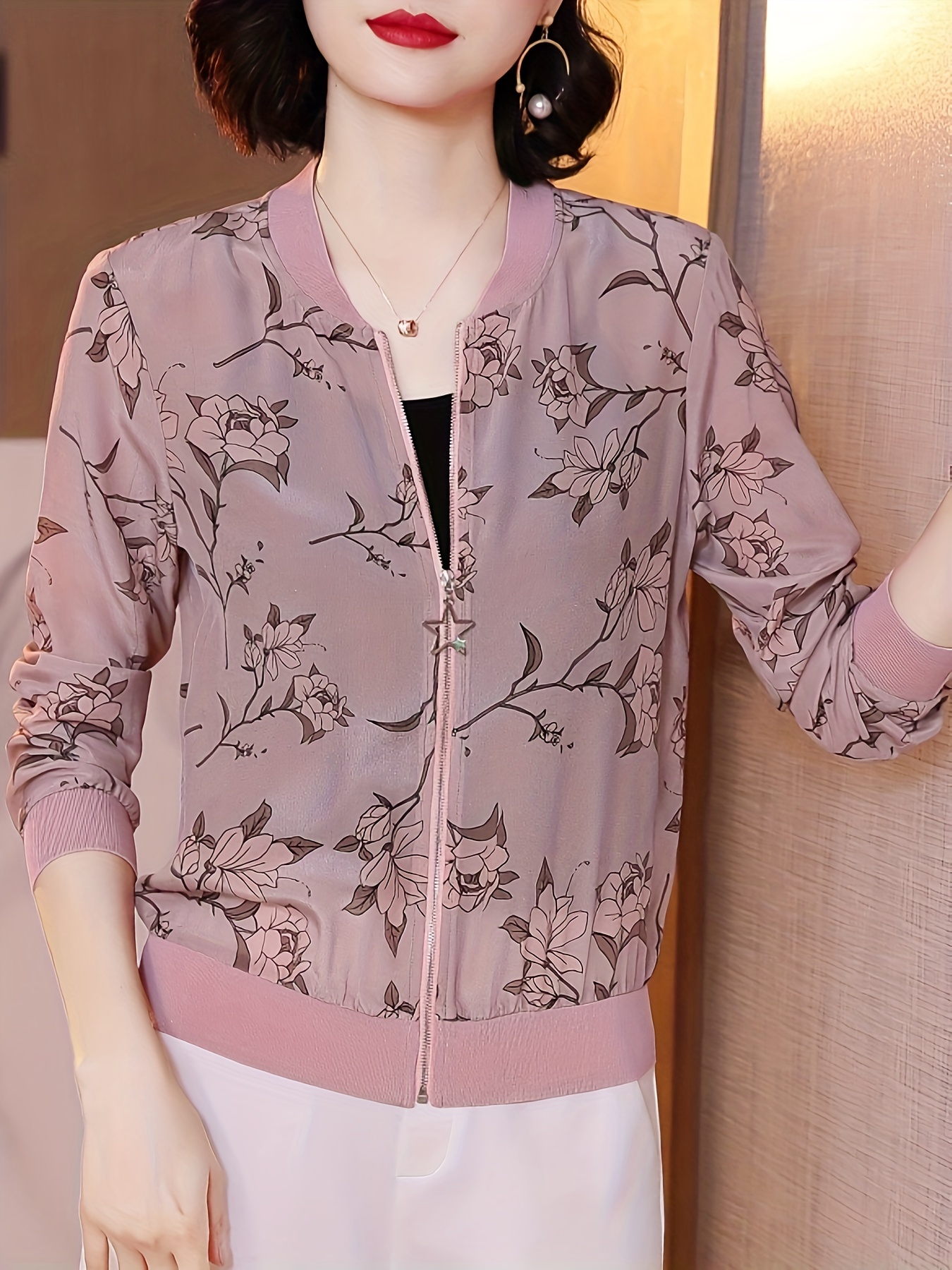 floral print zip up lightweight jacket casual long sleeve baseball collar outerwear for spring summer womens clothing details 0