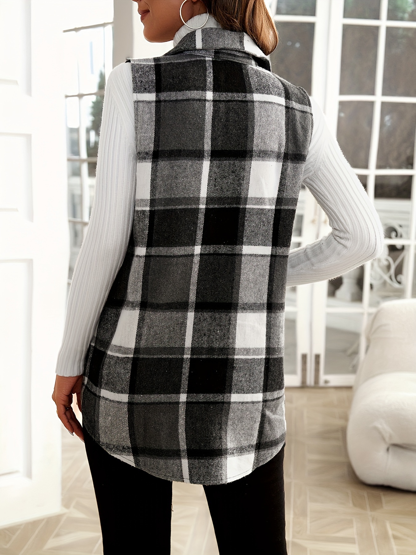 plaid pattern sleeveless vest casual button front collar vest womens clothing details 14