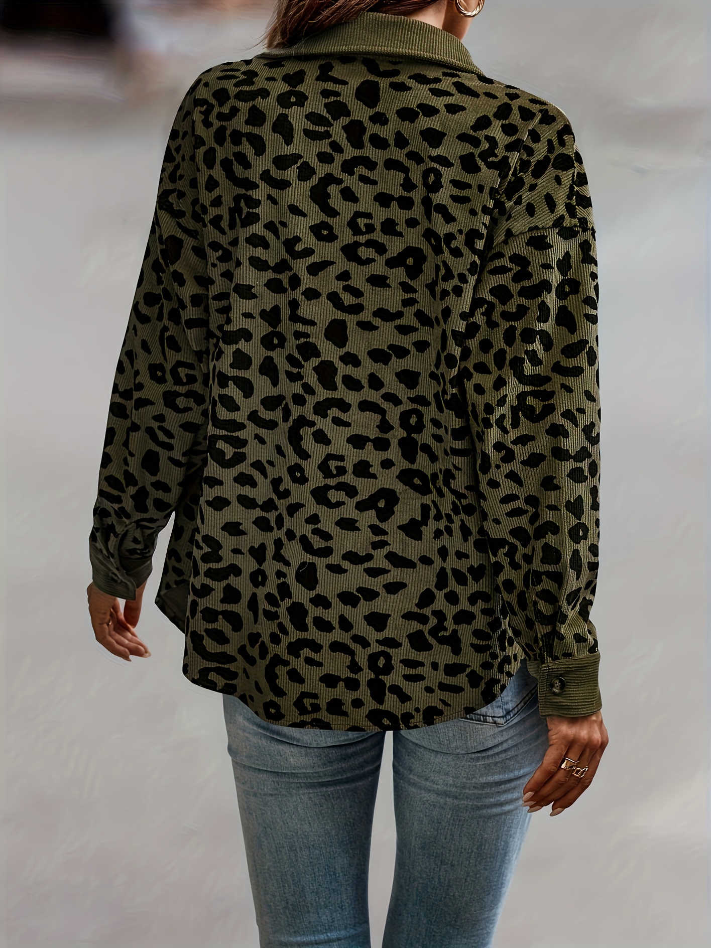 leopard print button front jacket casual long sleeve jacket for fall winter womens clothing details 31