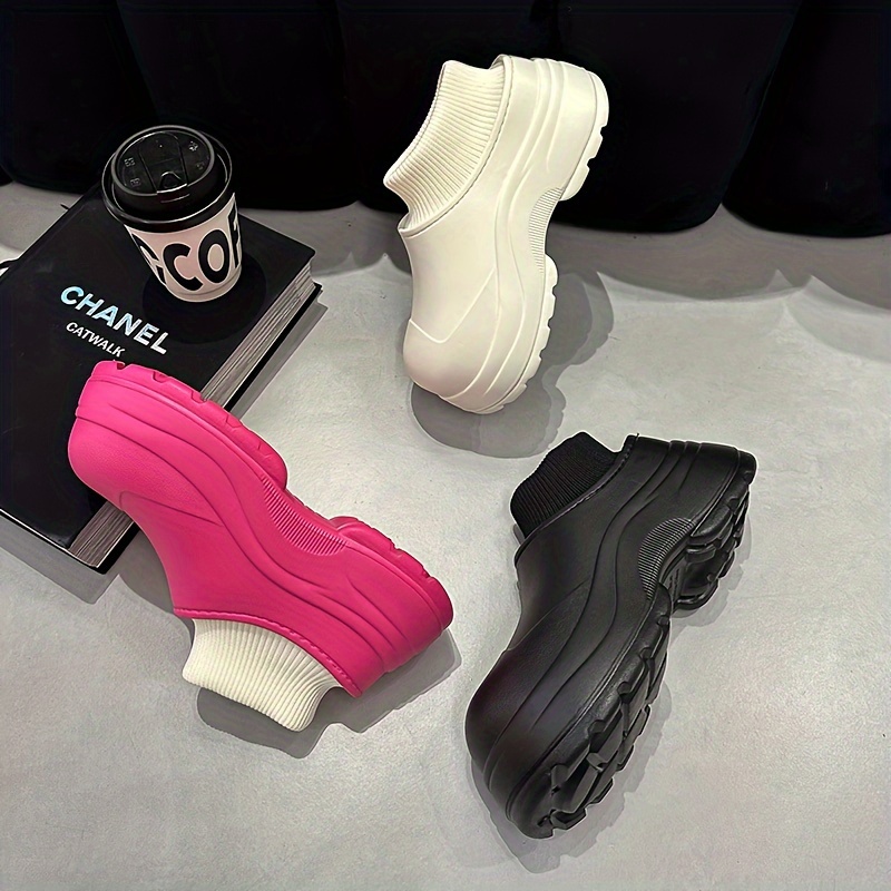 waterproof slip on platform slippers fashion eva soft sole knitted splicing shoes indoor outdoor slippers details 4