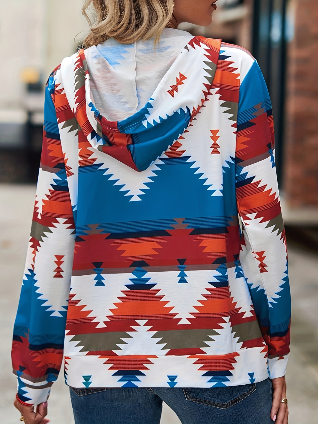 aztec print zip up jacket casual drawstring hooded long sleeve outerwear womens clothing details 3