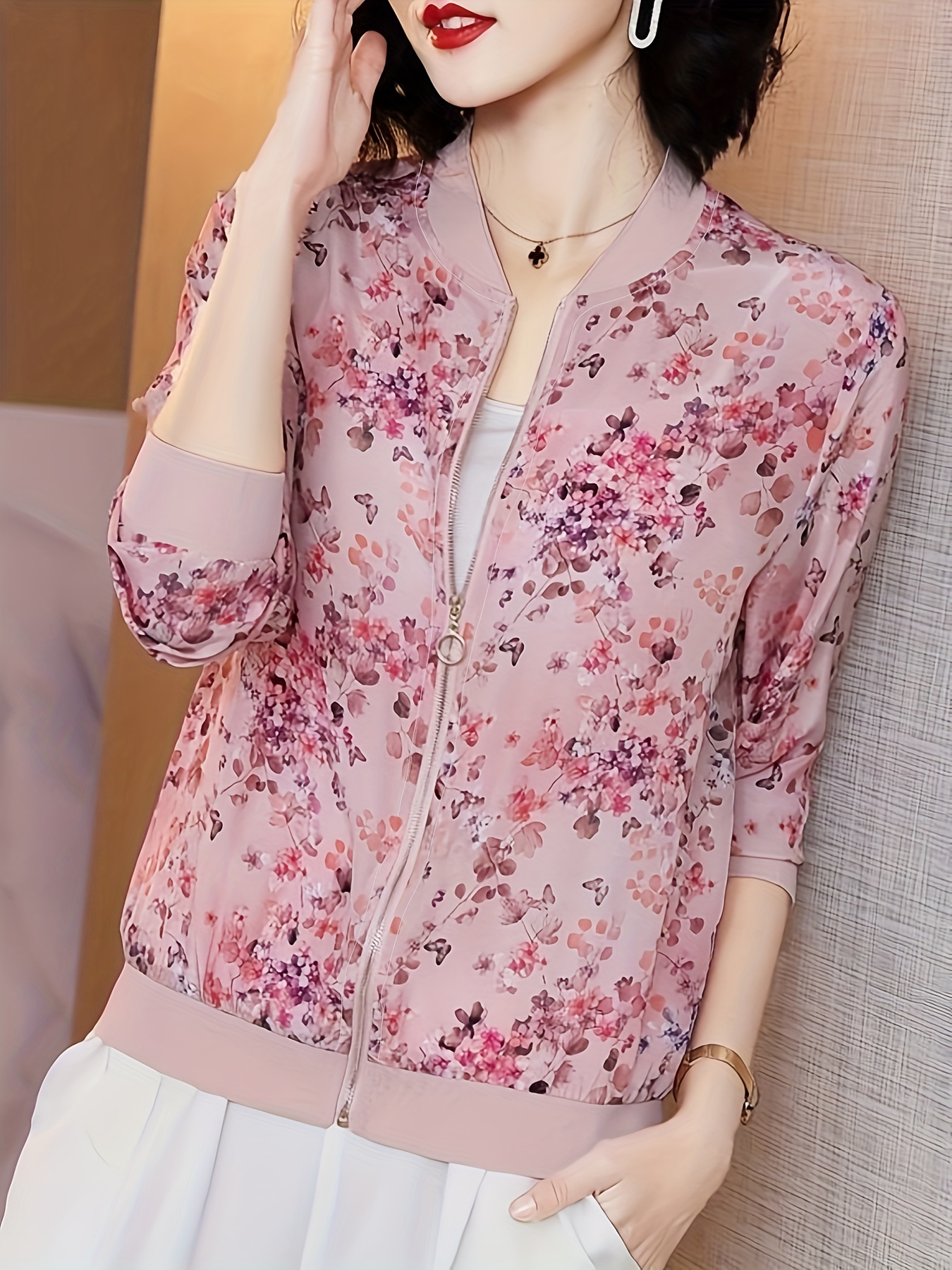 floral print zip up lightweight jacket casual long sleeve baseball collar outerwear for spring summer womens clothing details 15