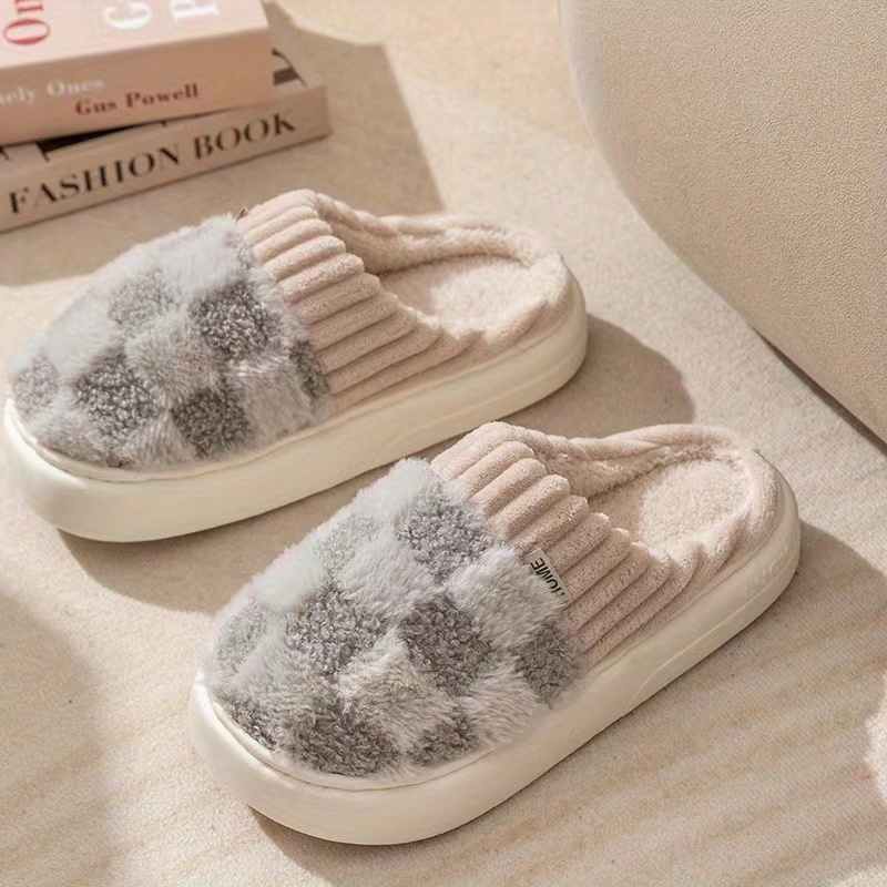 checkered fluffy warm home slippers winter closed toe soft sole house shoes cozy bedroom plush slippers details 0