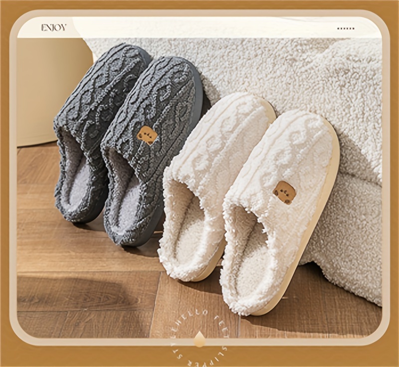 solid color home warm slippers slip on soft sole flat non slip fuzzy shoes winter plush cozy slides shoes details 8