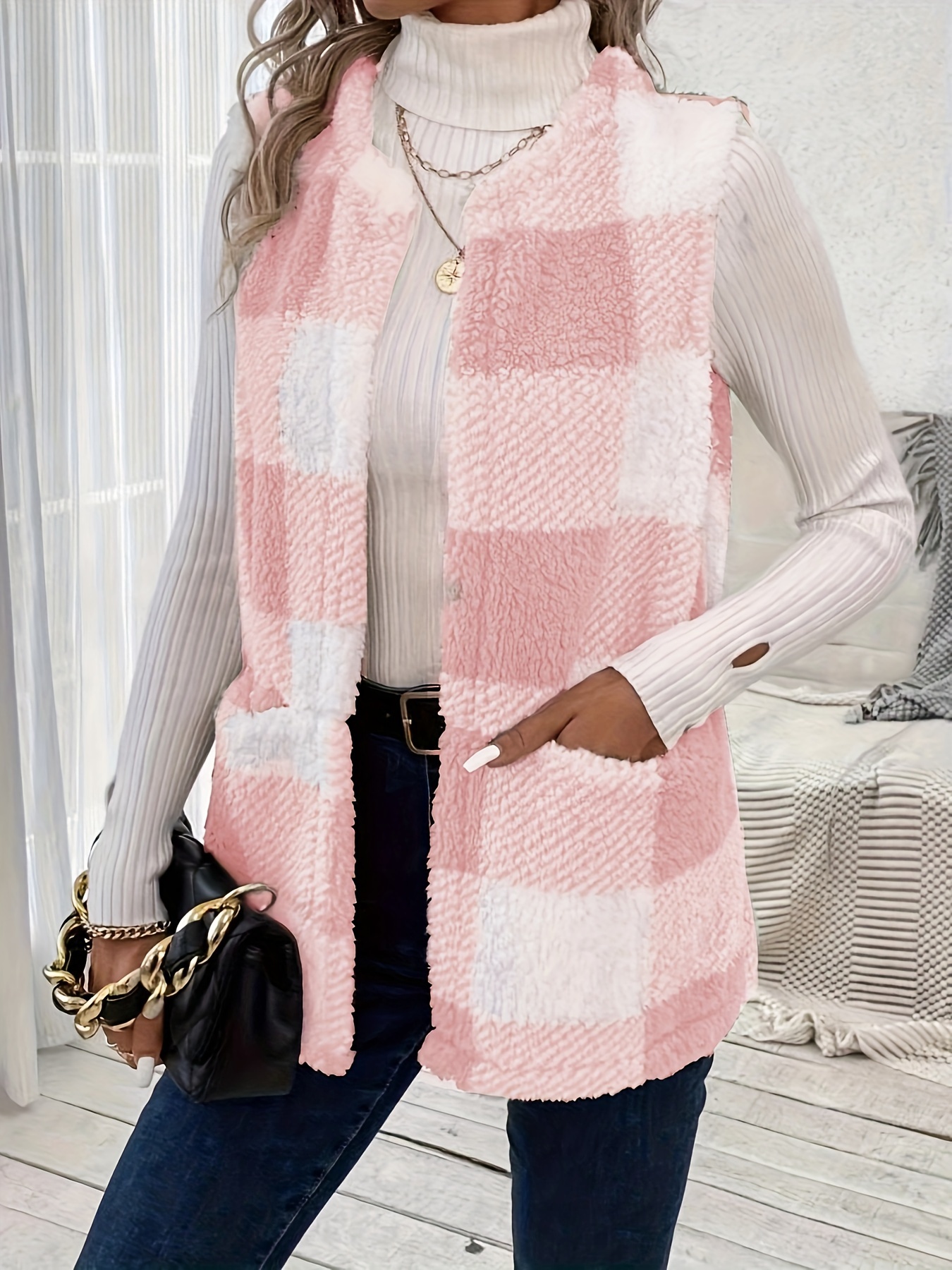 plaid open front teddy vest casual sleeveless winter vest with pocket womens clothing details 2