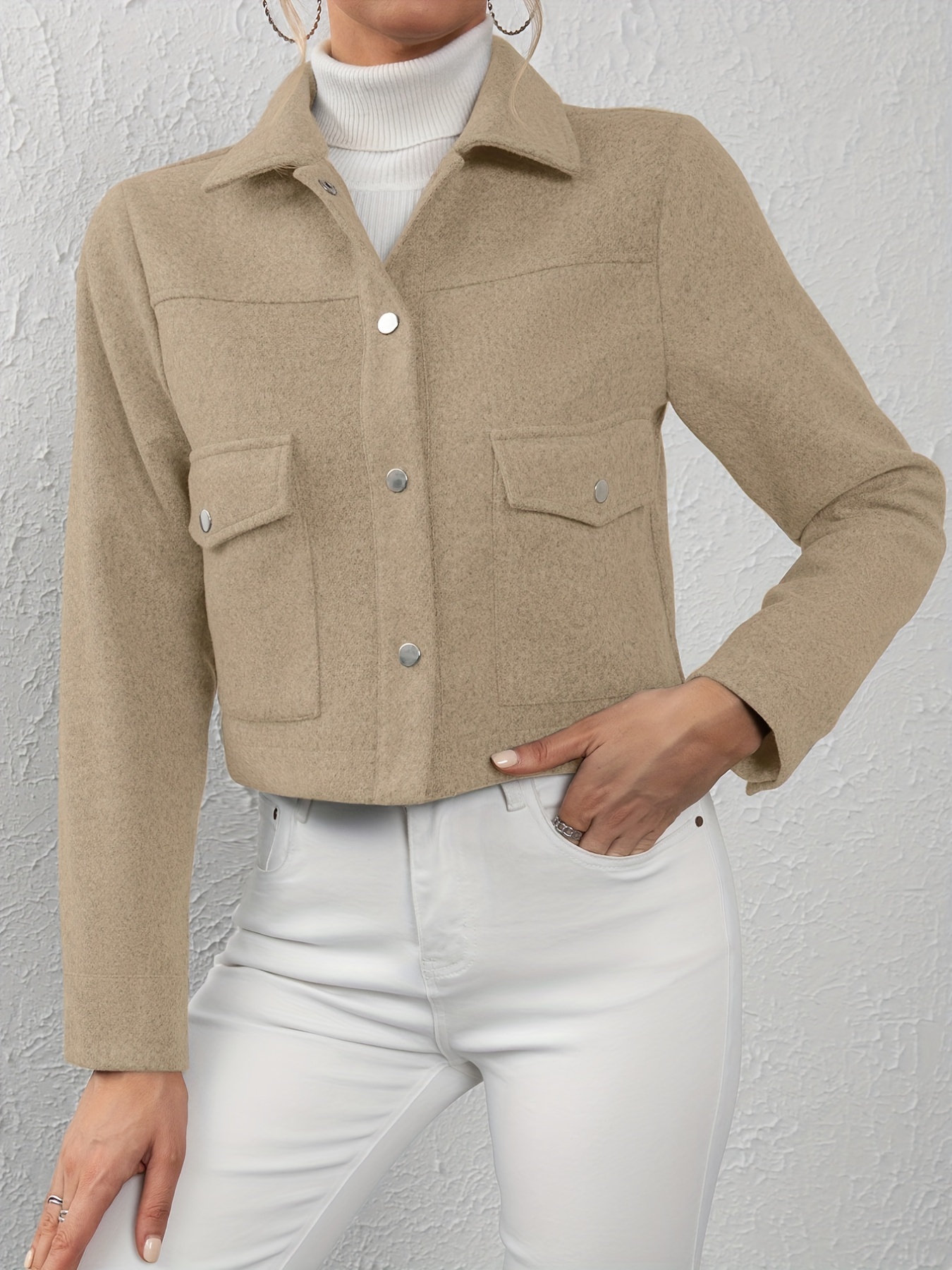 solid button front lapel neck jacket casual long sleeve outerwear for spring fall womens clothing details 14