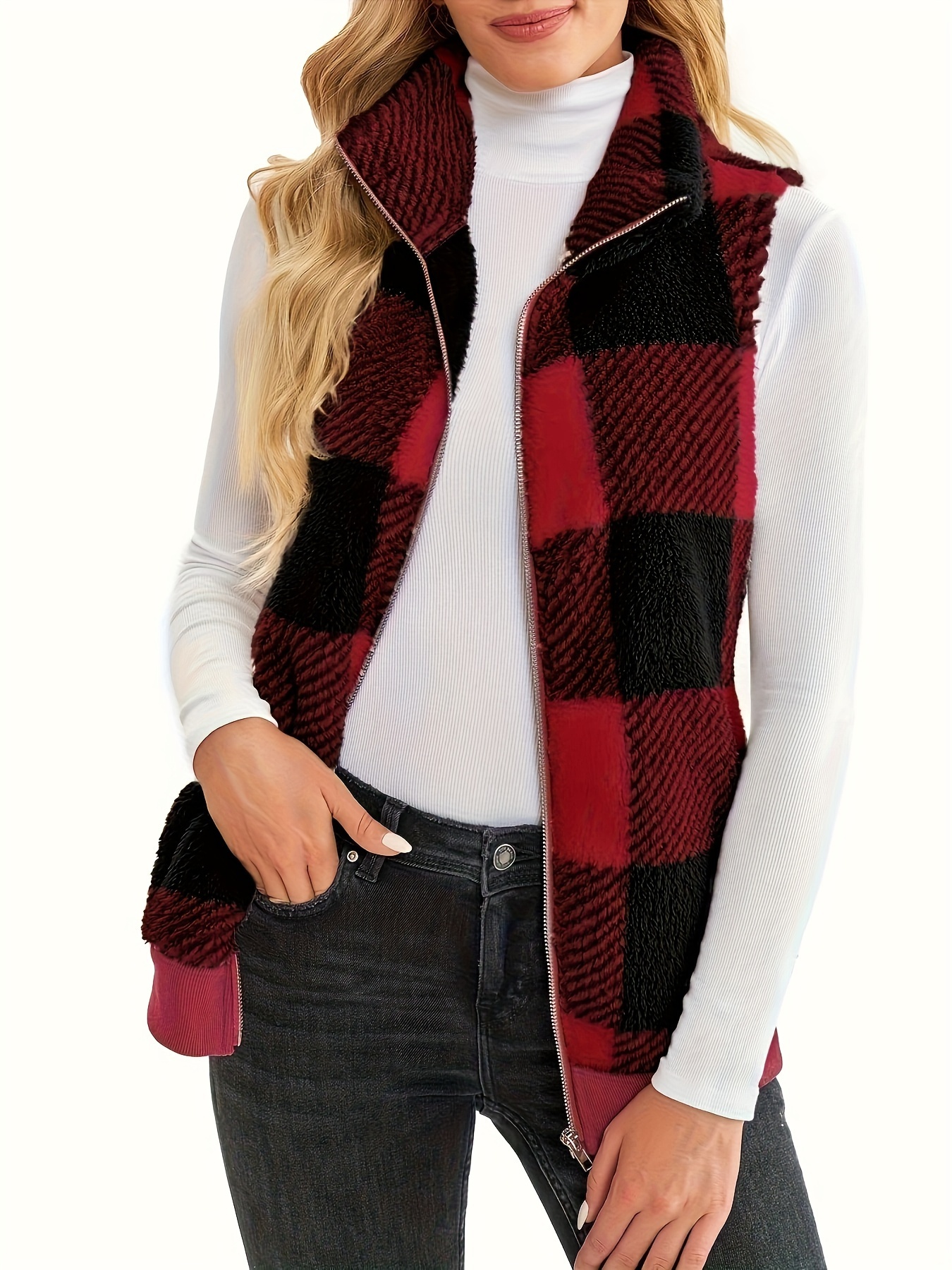 plaid stand collar teddy vest casual zip up sleeveless vest womens clothing details 1