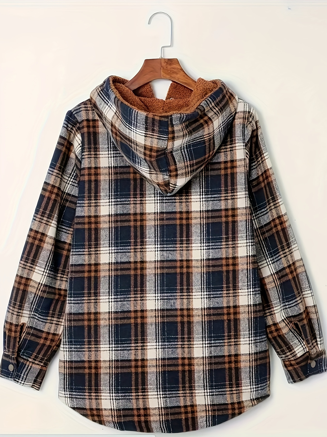 plaid pattern zip up jacket casual hooded long sleeve warm outwear womens clothing details 7