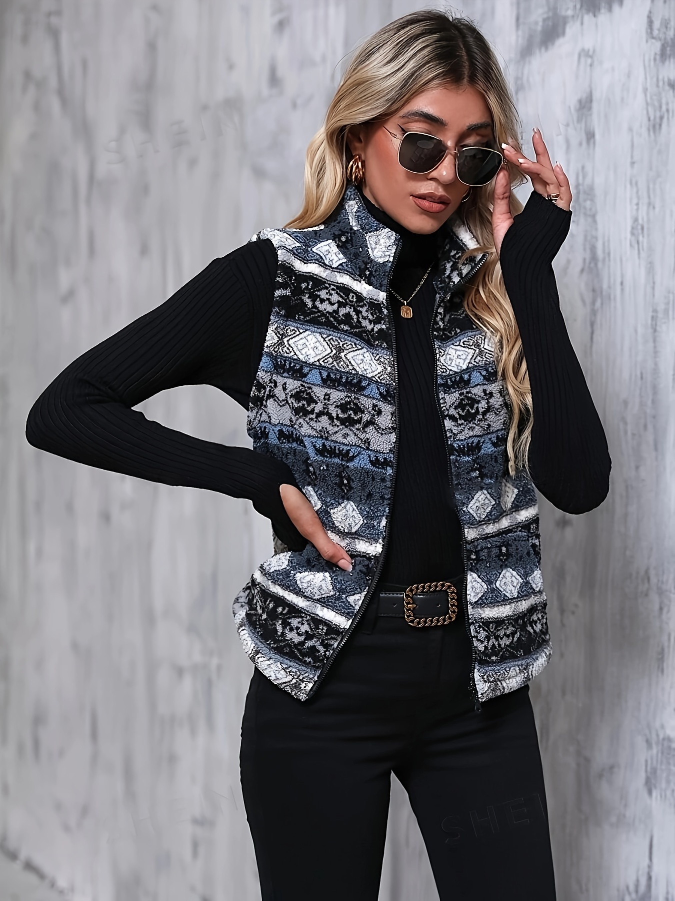 allover print zip up vest jacket casual sleeveless plush jacket for spring fall womens clothing details 3
