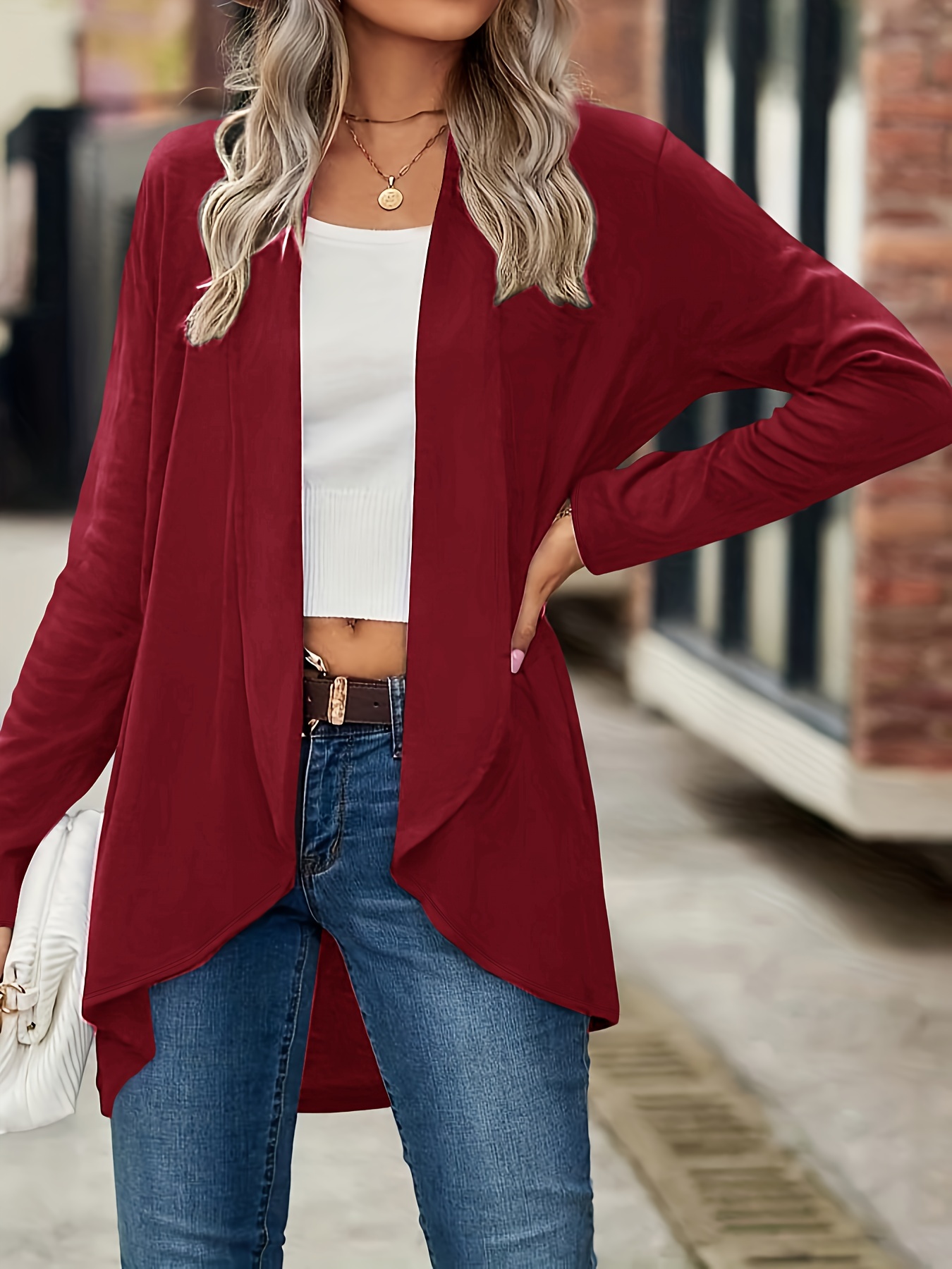 casual open front solid cardigan long sleeve cardigan for spring fall womens clothing details 13