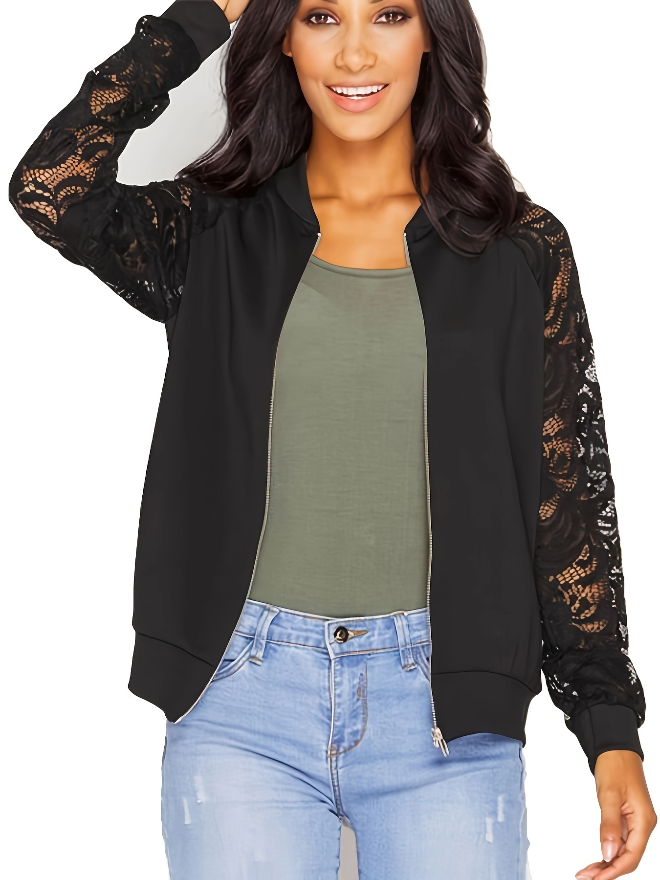zip up lace panel jacket casual long sleeve jacket womens clothing details 0