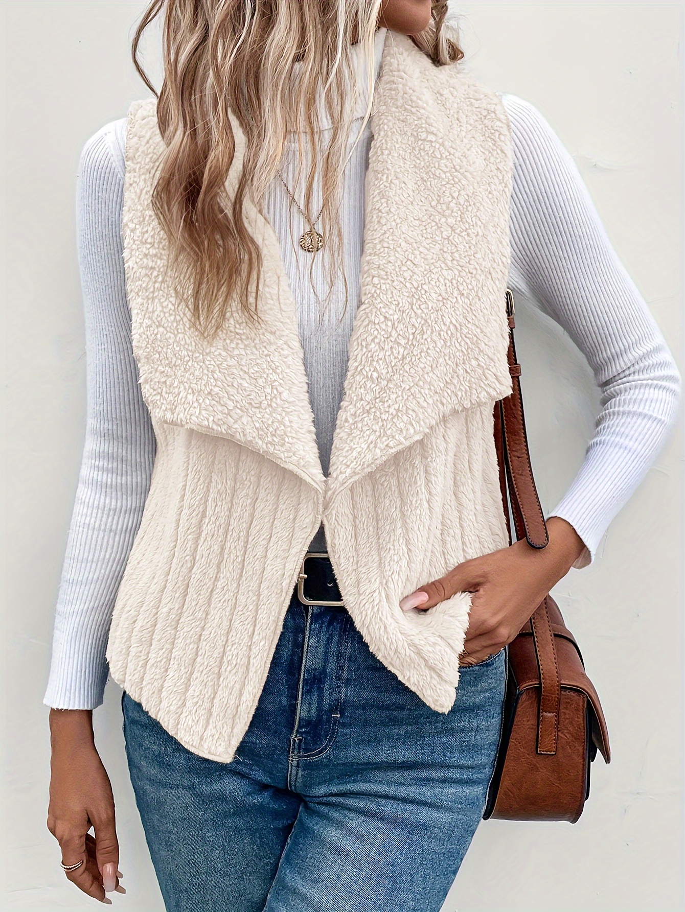 solid lapel open front vest versatile sleeveless outwear for fall winter womens clothing details 4