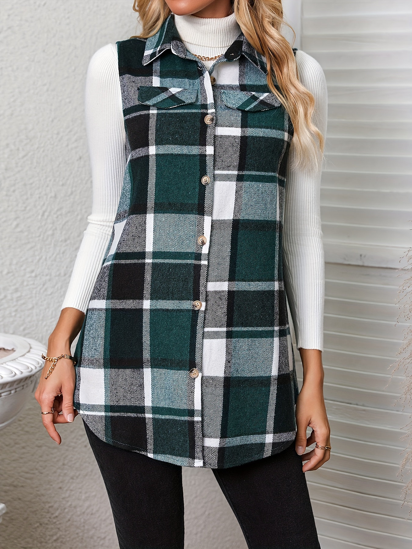 plaid pattern sleeveless vest casual button front collar vest womens clothing details 9