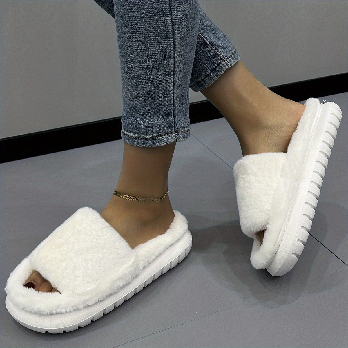 womens fuzzy plush platform slippers comfy open toe non slip bedroom shoes indoor outdoor shoes details 6