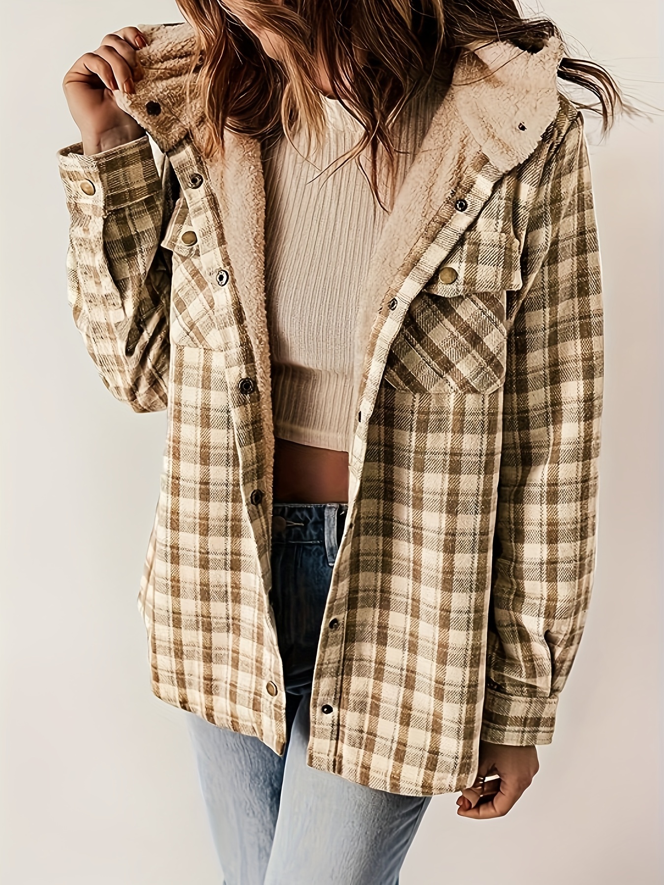 plaid pattern zip up jacket casual hooded long sleeve warm outwear womens clothing details 10