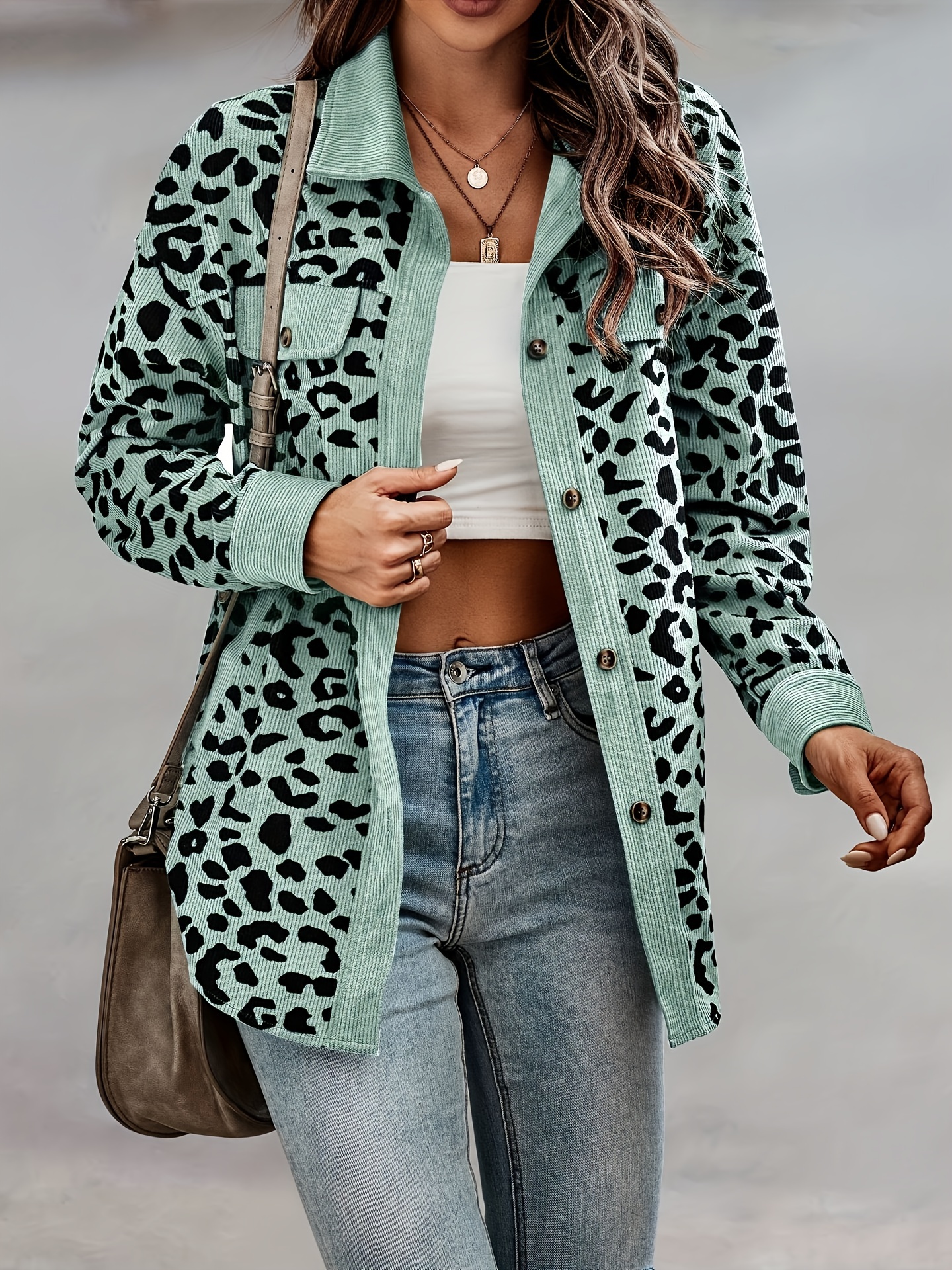 leopard print button front jacket casual long sleeve jacket for fall winter womens clothing details 35
