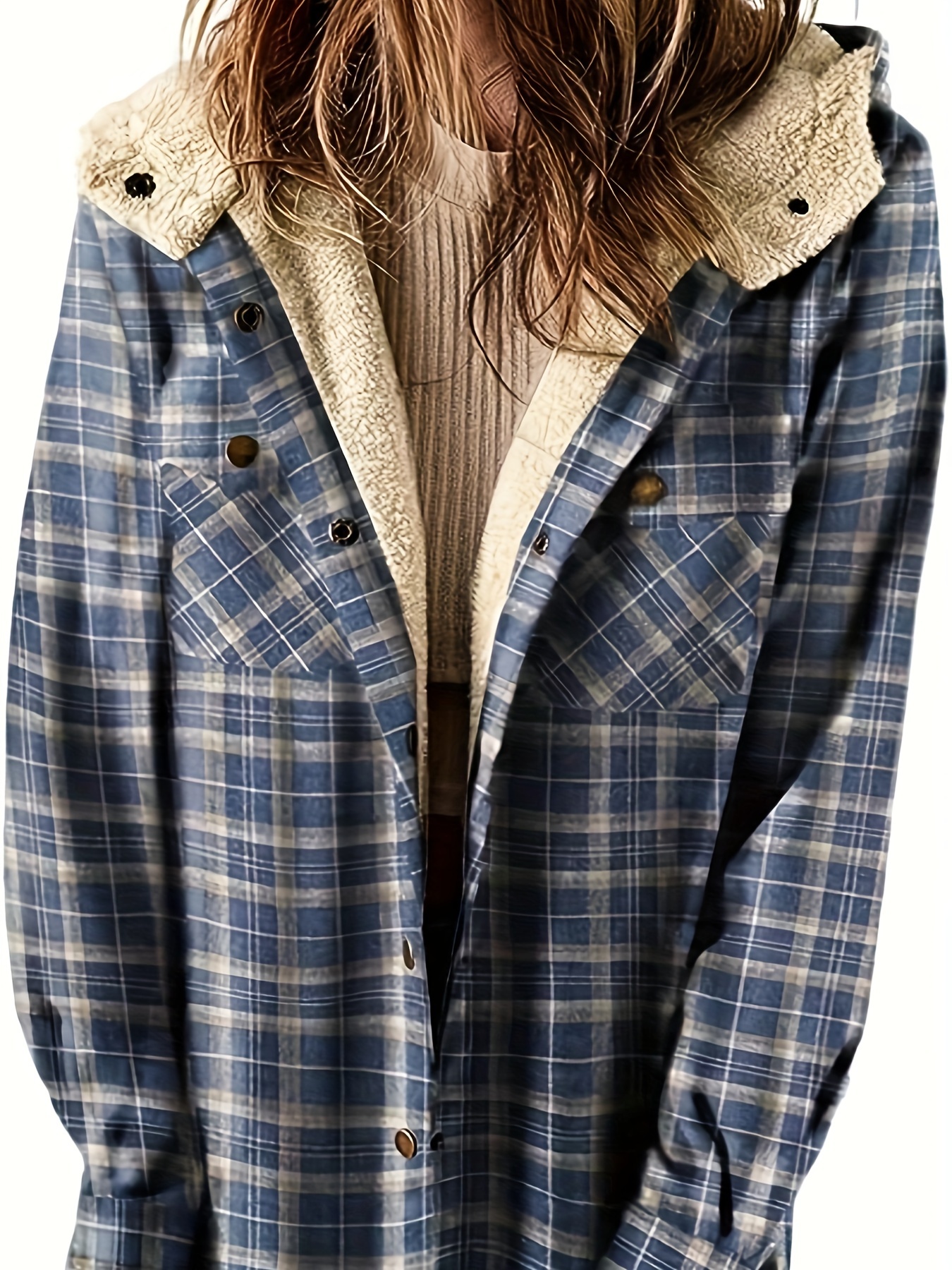 plaid pattern zip up jacket casual hooded long sleeve warm outwear womens clothing details 15