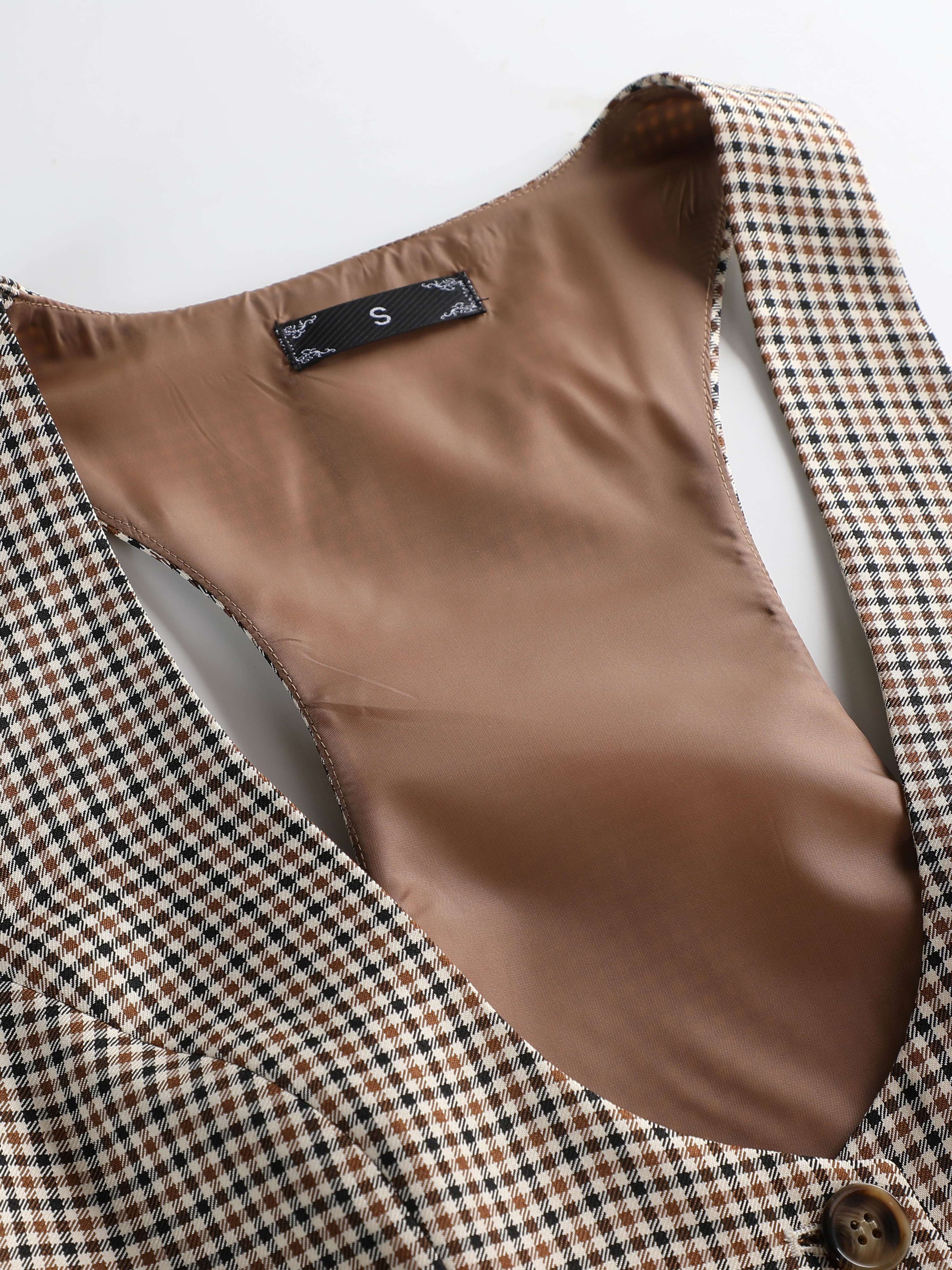 plaid patten single breasted vest versatile belted sleeveless vest for spring fall womens clothing details 0