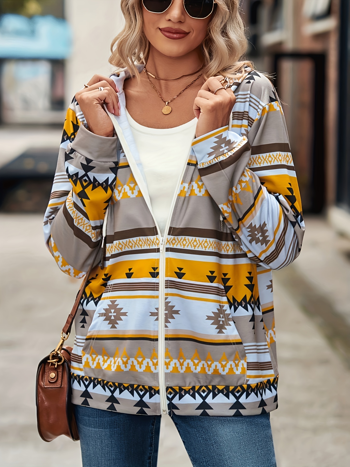 aztec print zip up jacket casual drawstring hooded long sleeve outerwear womens clothing details 11