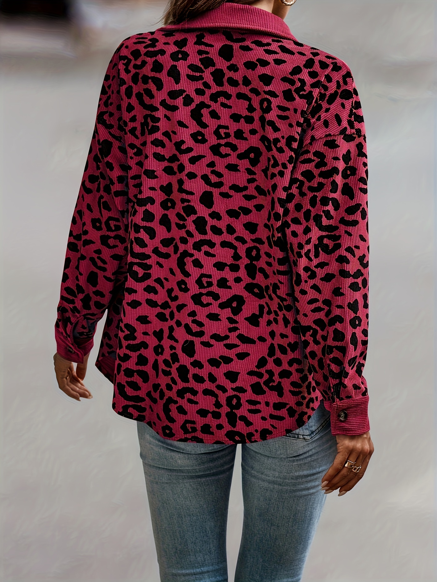 leopard print button front jacket casual long sleeve jacket for fall winter womens clothing details 16