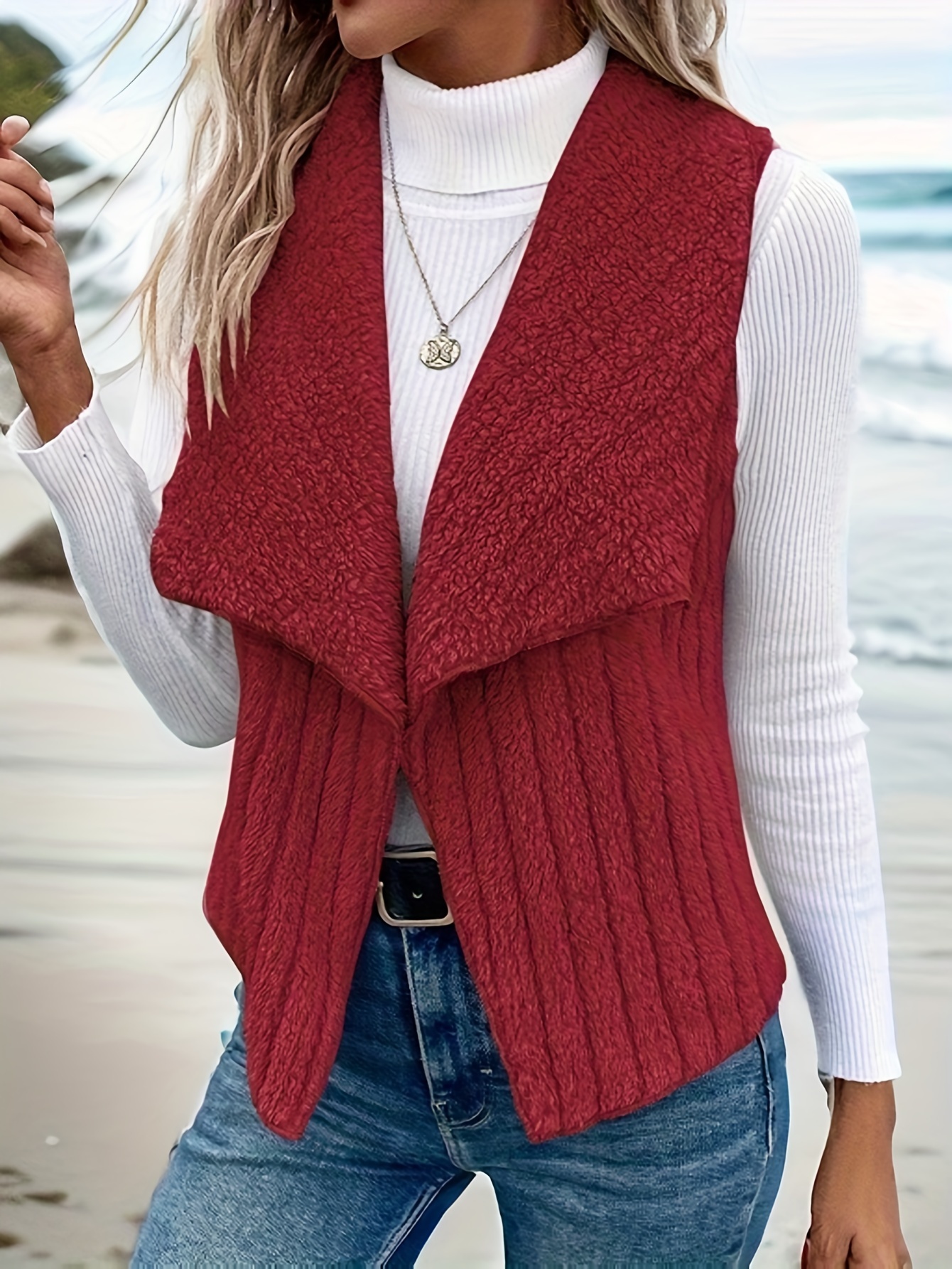 waterfall collar fuzzy vest elegant open front sleeveless vest womens clothing details 7