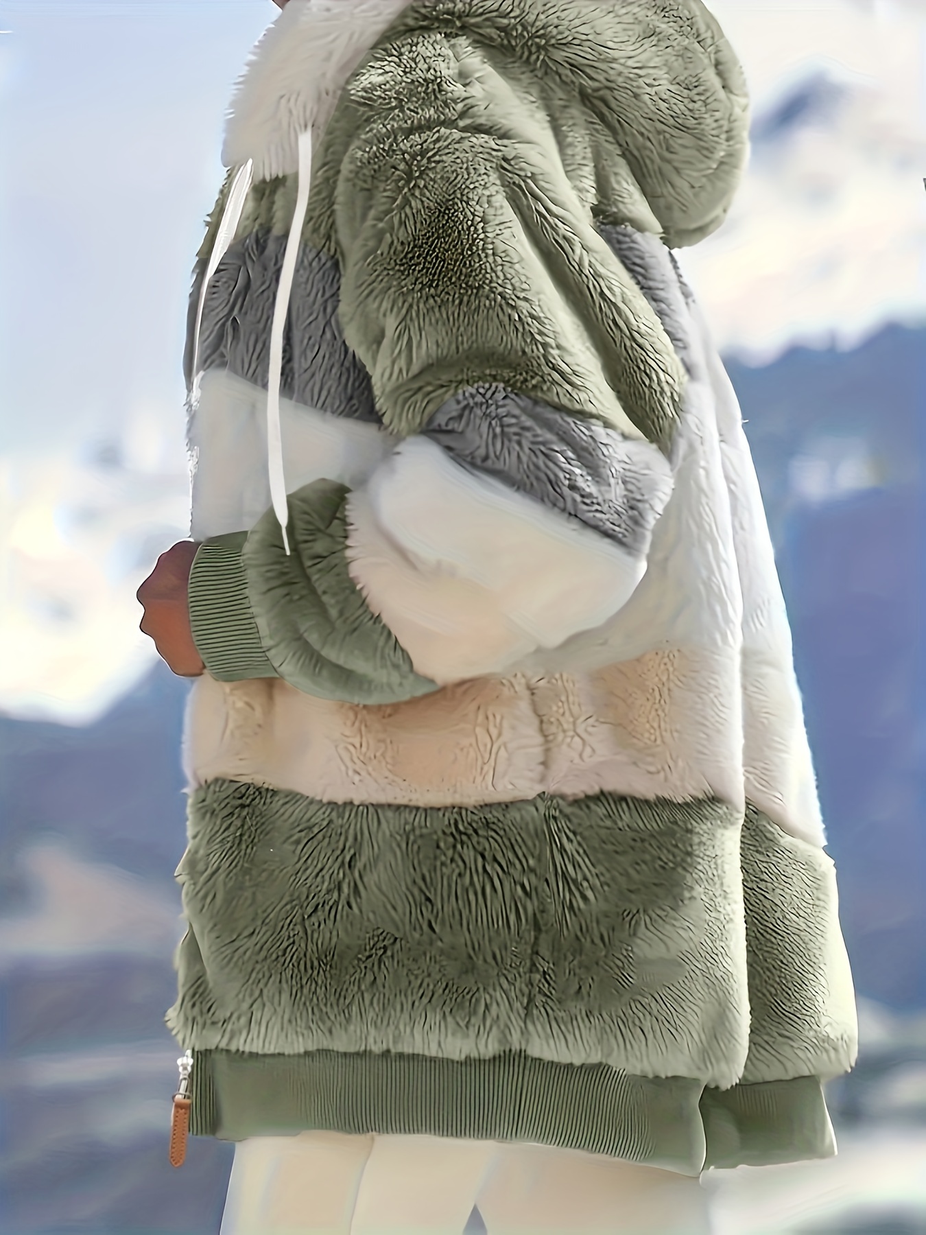 fuzzy color block coat casual hooded zip up drawstring long sleeve outerwear womens clothing details 24