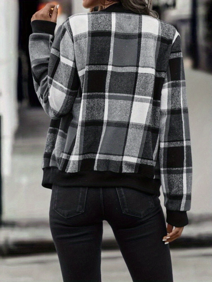 plaid print bomber jacket casual zip up long sleeve outerwear womens clothing details 1