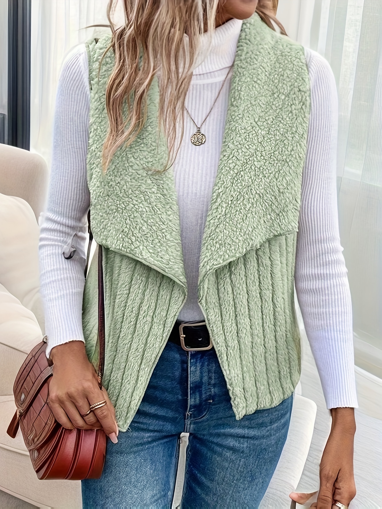 waterfall collar fuzzy vest elegant open front sleeveless vest womens clothing details 0