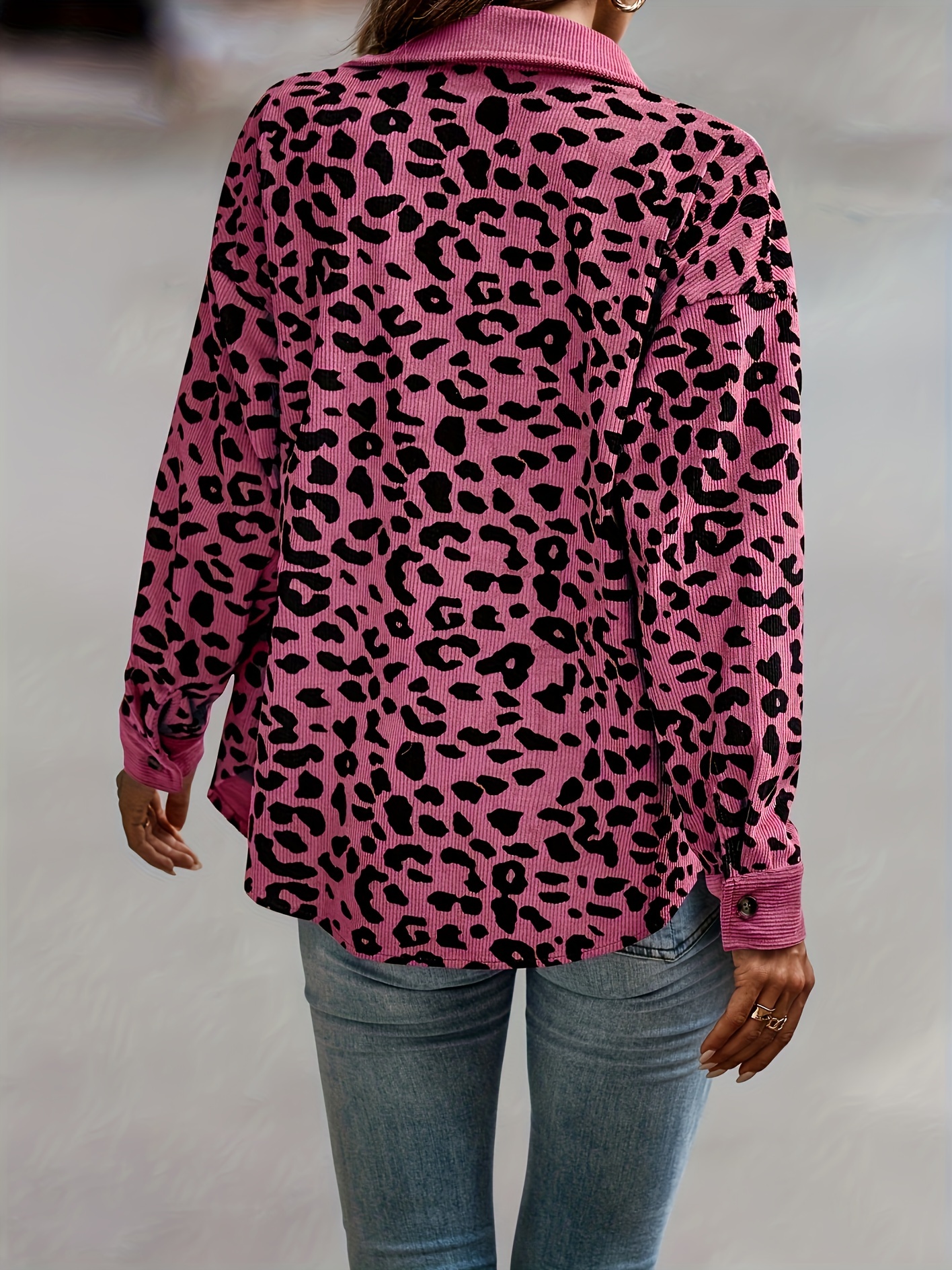 leopard print button front jacket casual long sleeve jacket for fall winter womens clothing details 1