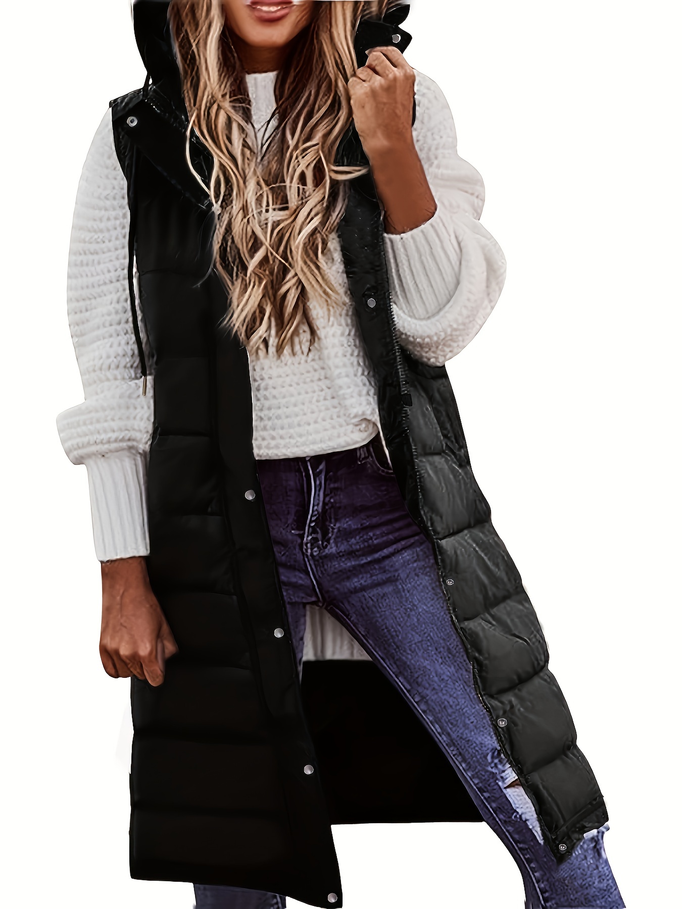 hooded sleeveless coat casual long length versatile winter warm outerwear womens clothing details 2