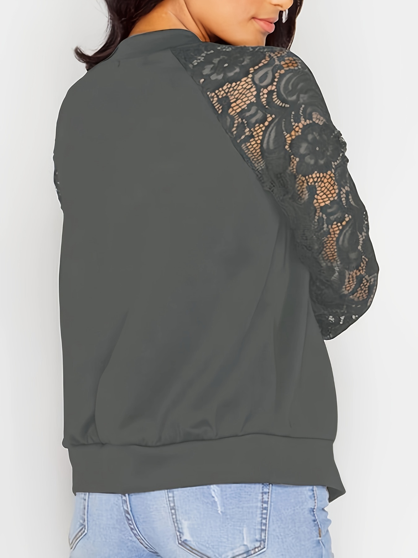 zip up lace panel jacket casual long sleeve jacket womens clothing details 4