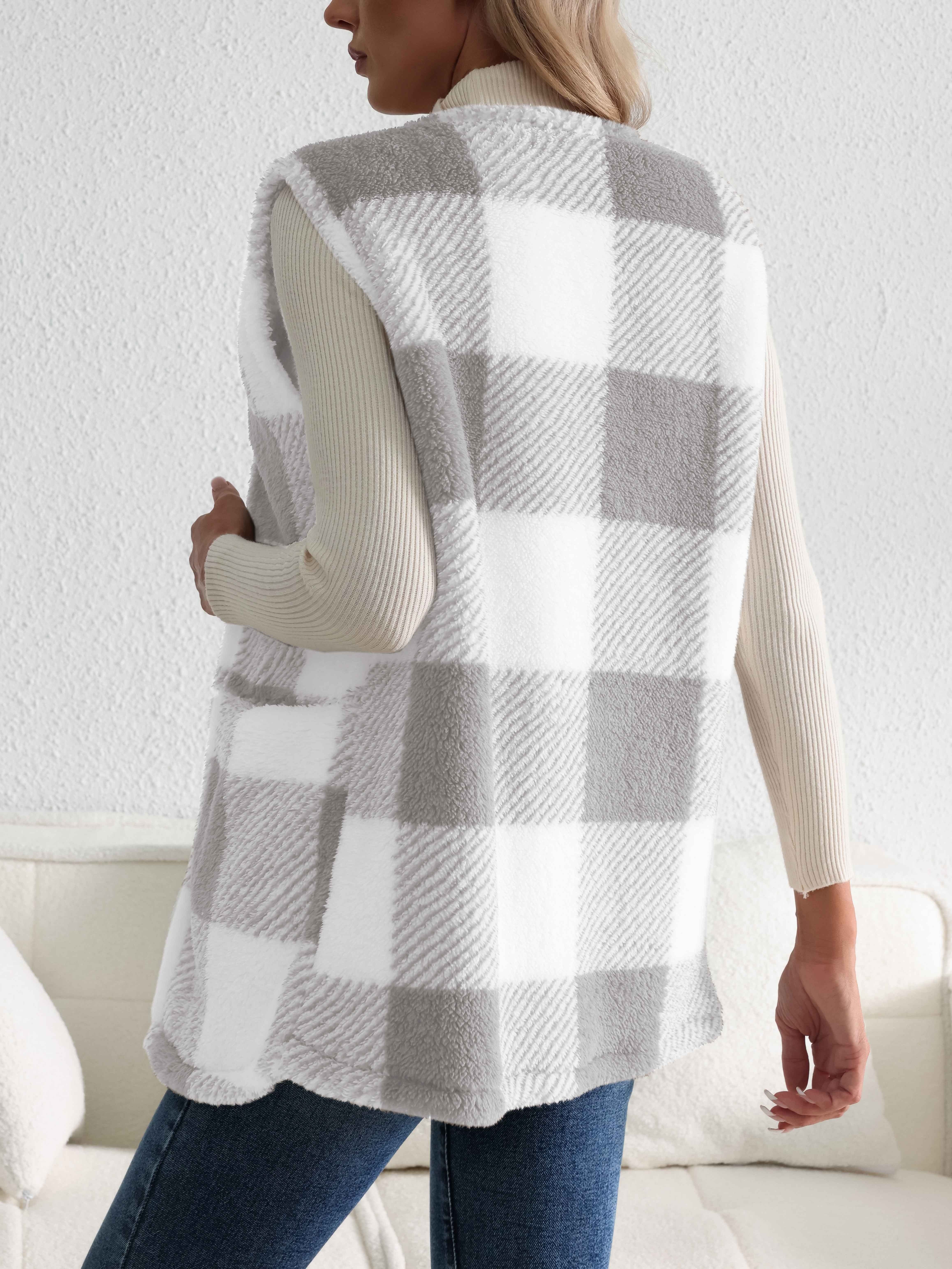 plaid open front teddy vest casual sleeveless winter vest with pocket womens clothing details 6