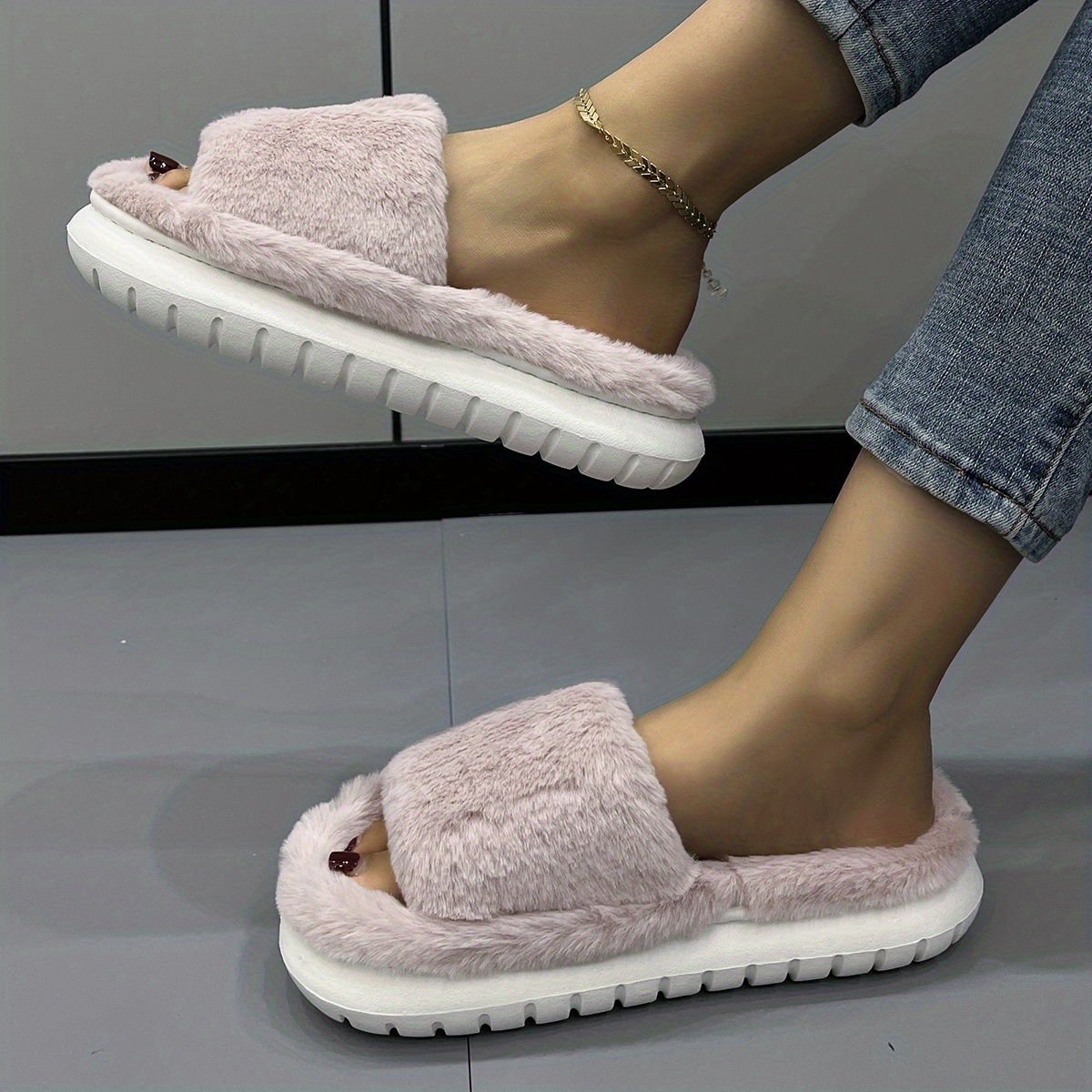 womens fuzzy plush platform slippers comfy open toe non slip bedroom shoes indoor outdoor shoes details 1
