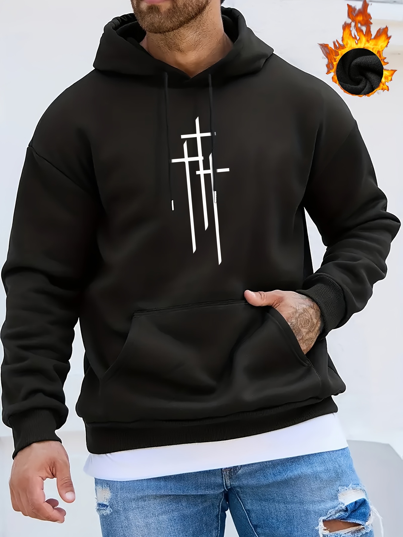 cross print mens trendy graphic hoodie casual slightly stretch breathable hooded sweatshirt for outdoor details 17