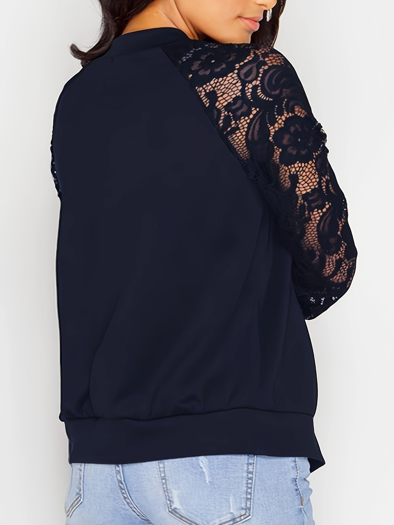 zip up lace panel jacket casual long sleeve jacket womens clothing details 10