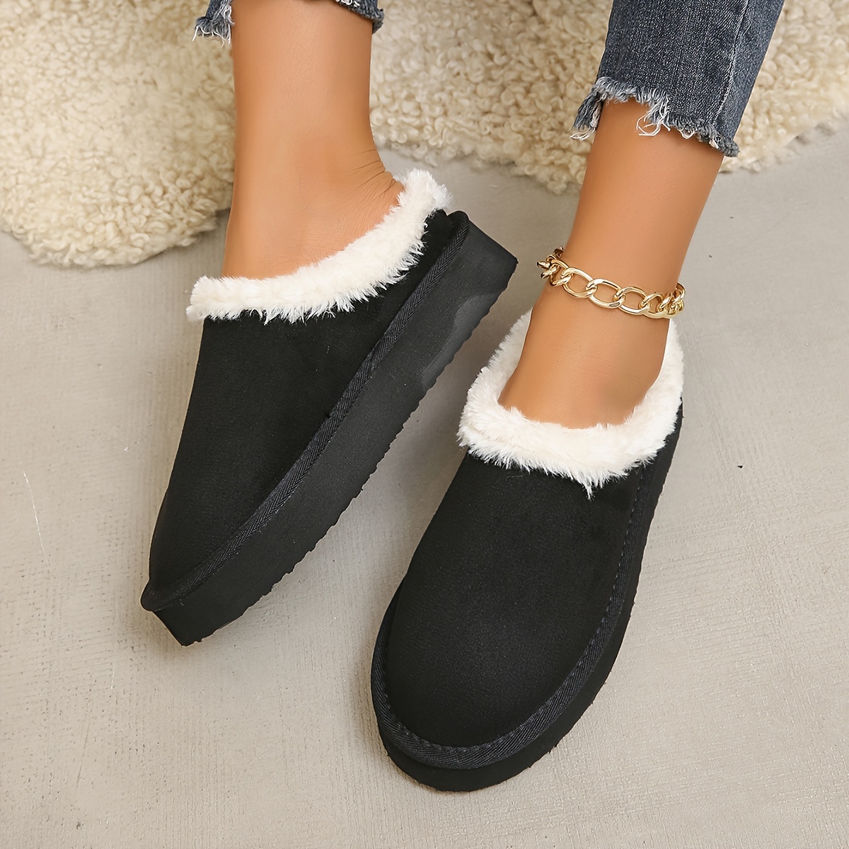 warm solid color platform slippers casual slip on plush lined shoes comfortable indoor home slippers details 5
