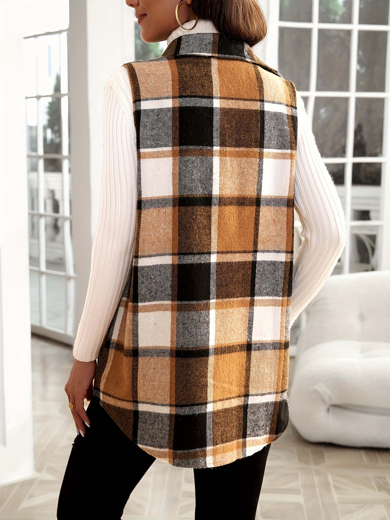 plaid pattern sleeveless vest casual button front collar vest womens clothing details 20