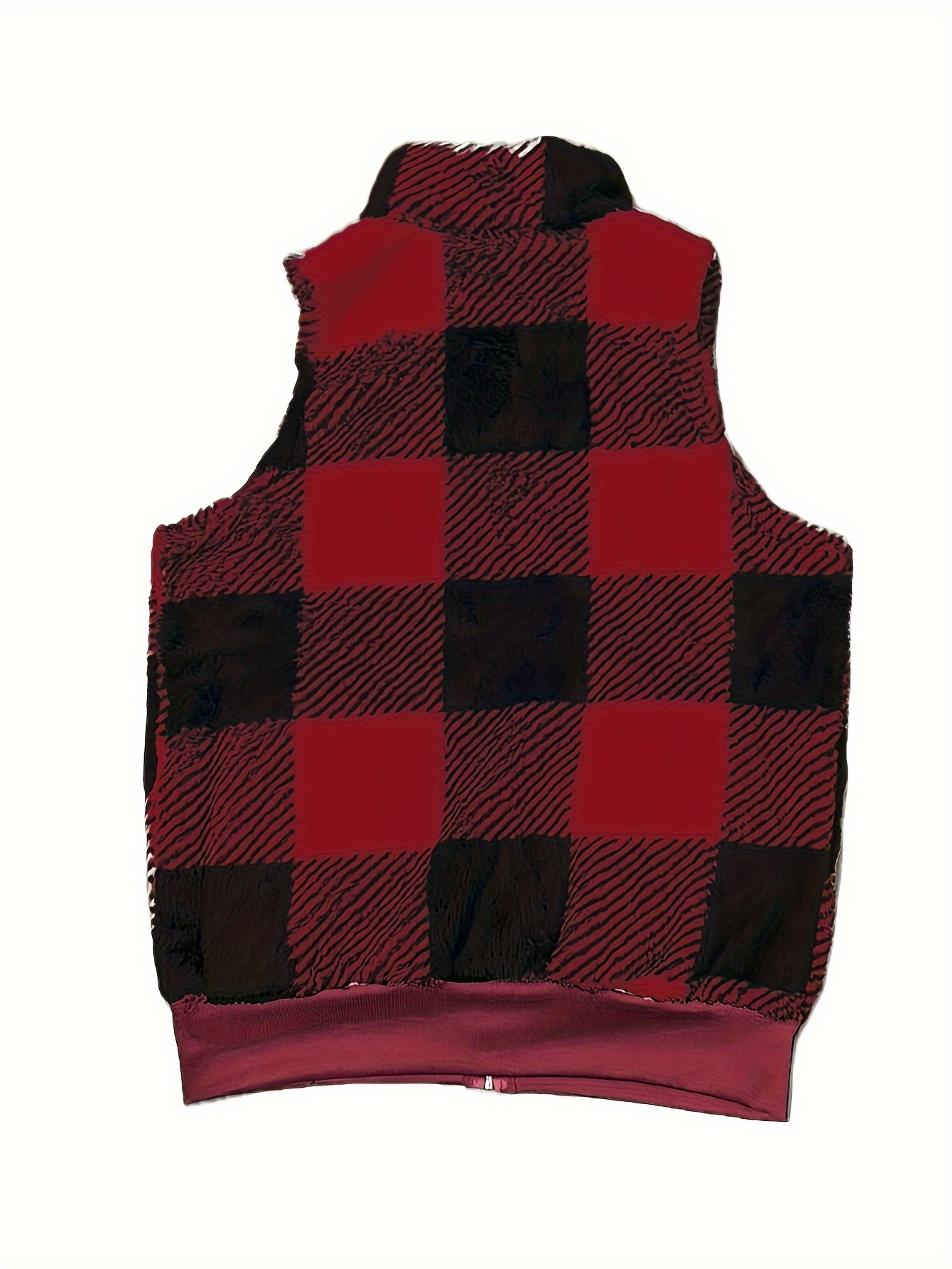 plaid stand collar teddy vest casual zip up sleeveless vest womens clothing details 2