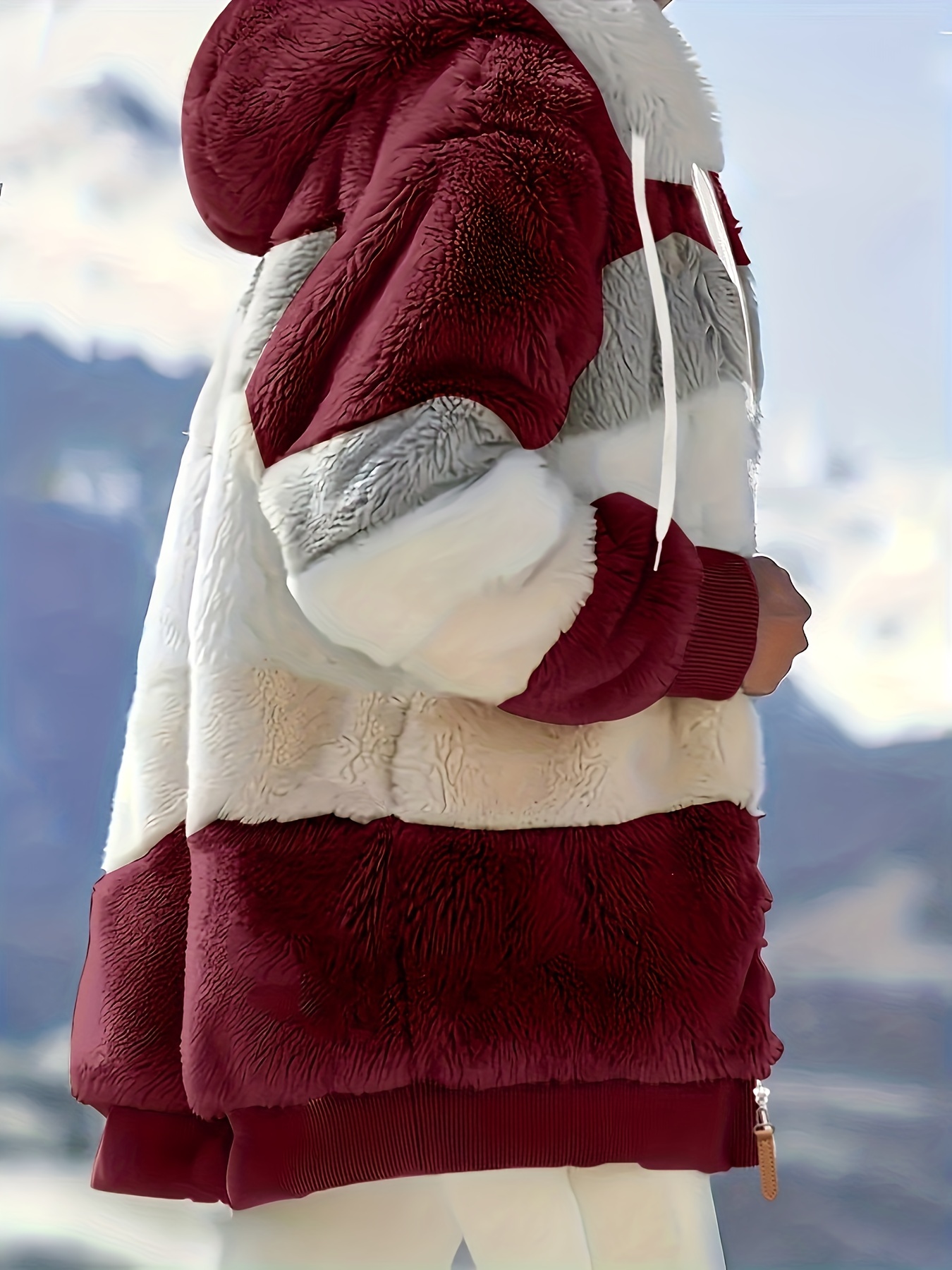 fuzzy color block coat casual hooded zip up drawstring long sleeve outerwear womens clothing details 7