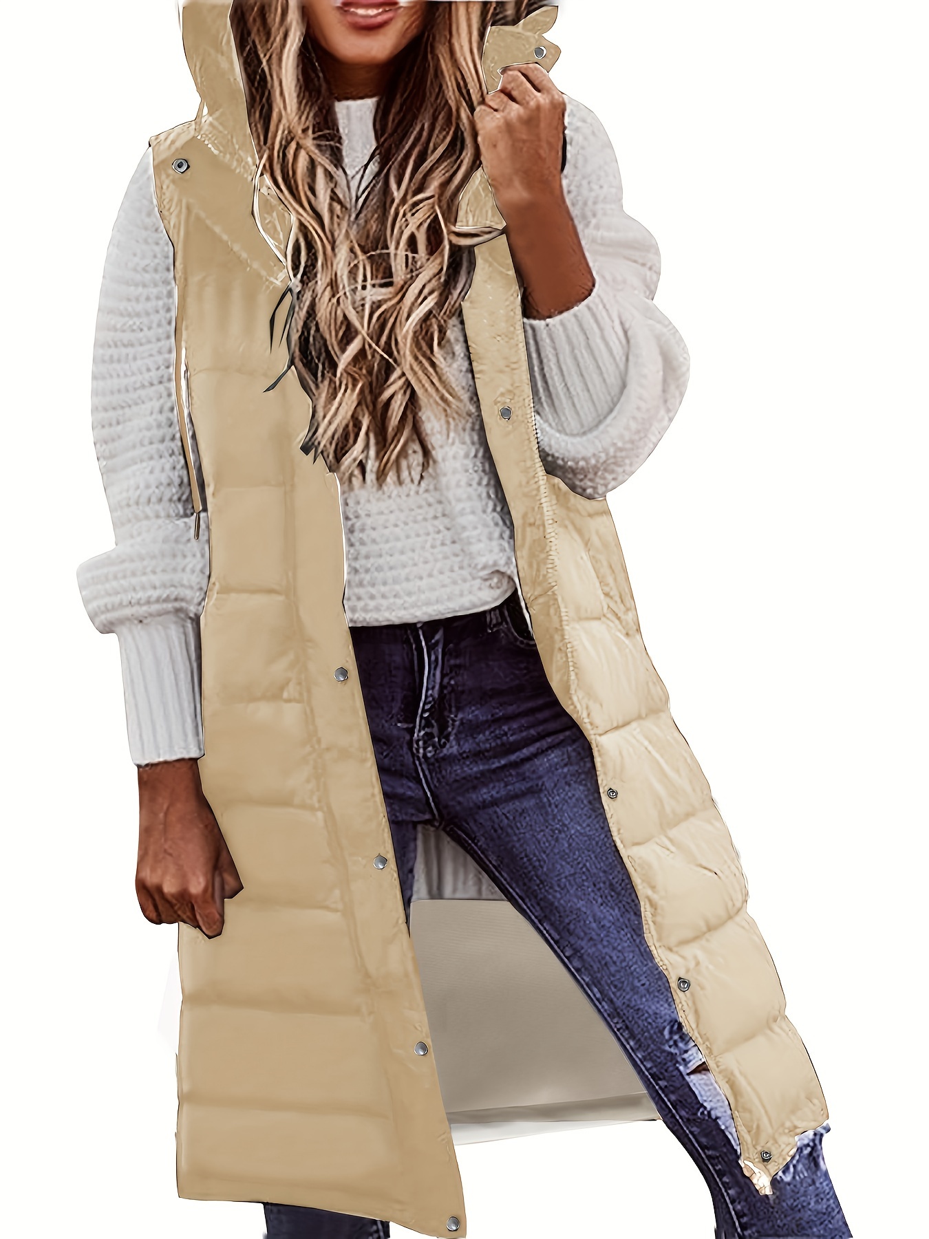 hooded sleeveless coat casual long length versatile winter warm outerwear womens clothing details 12