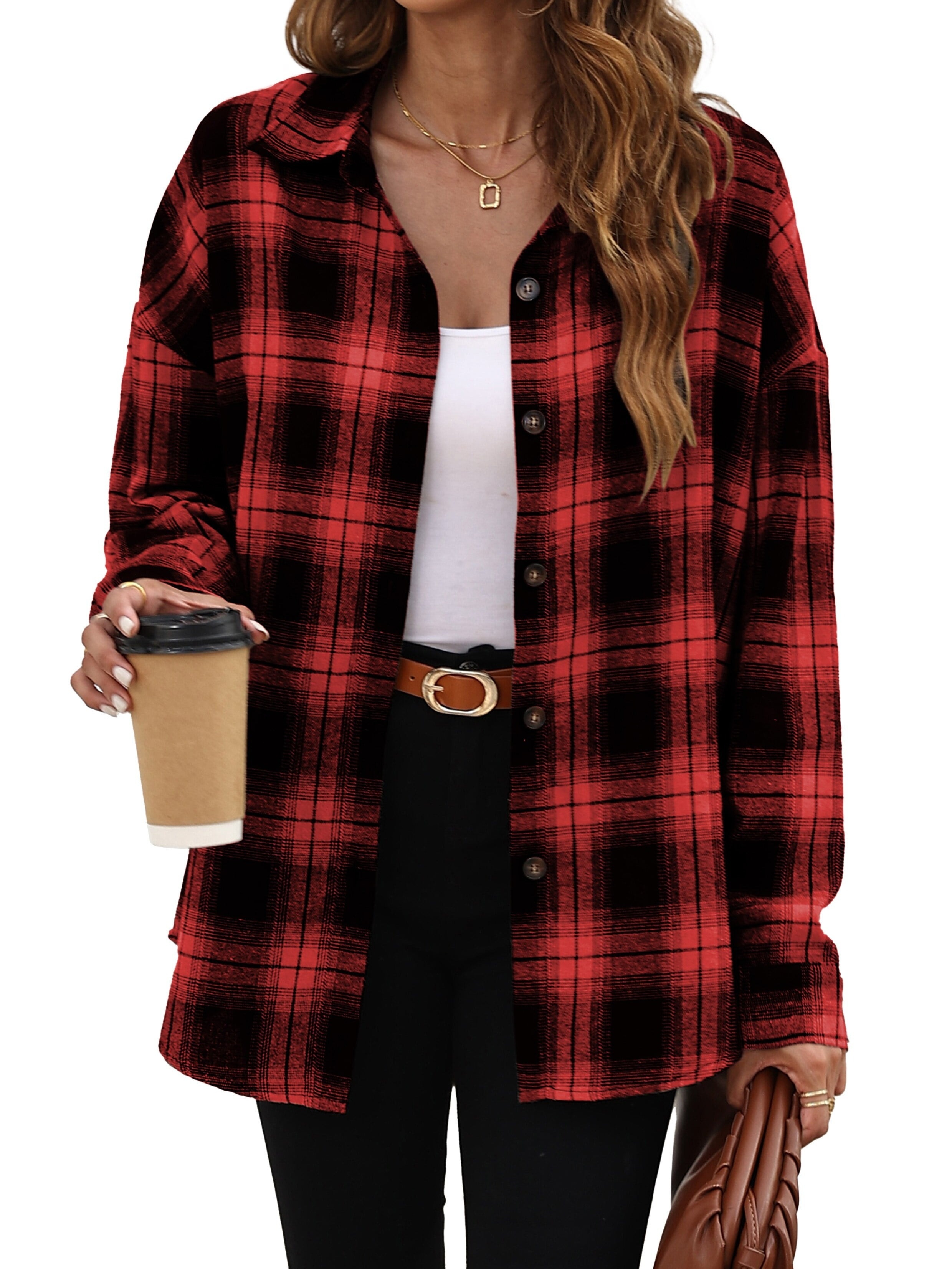 plaid pattern shacket jacket casual button front long sleeve outerwear womens clothing details 5