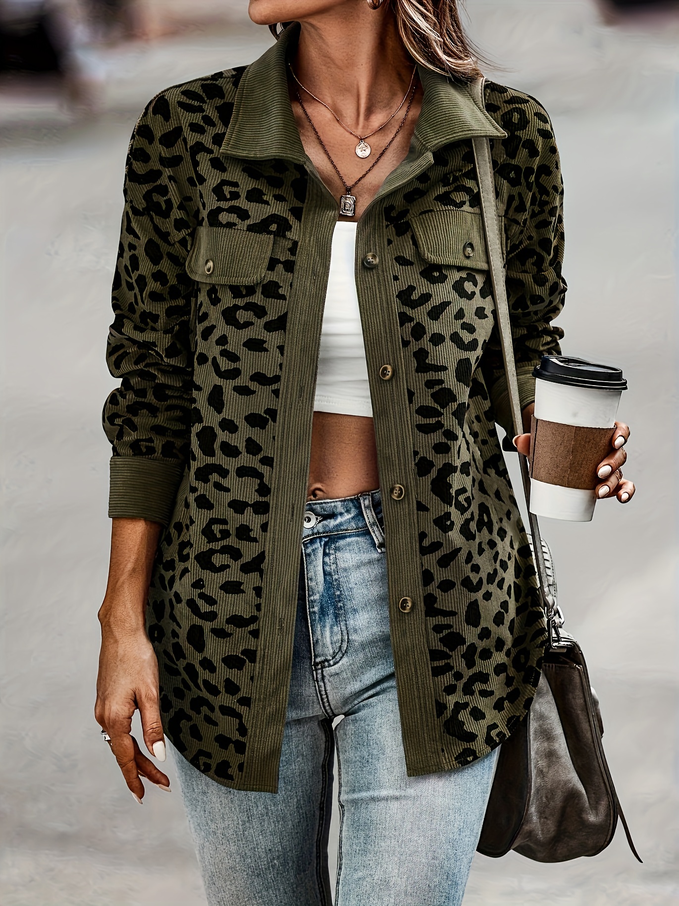 leopard print button front jacket casual long sleeve jacket for fall winter womens clothing details 32