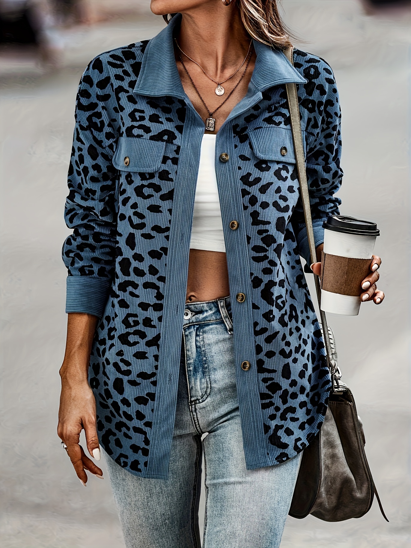 leopard print button front jacket casual long sleeve jacket for fall winter womens clothing details 21