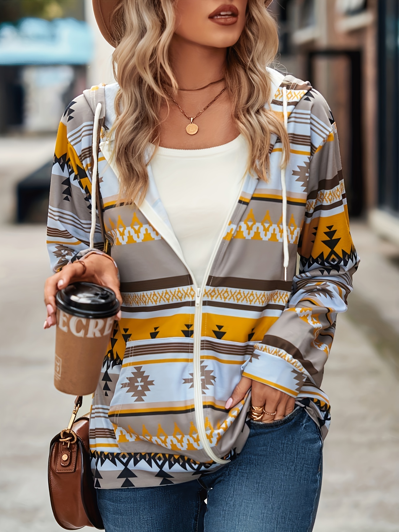 aztec print zip up jacket casual drawstring hooded long sleeve outerwear womens clothing details 12