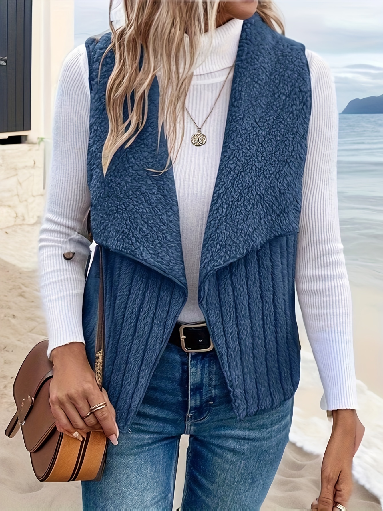 waterfall collar fuzzy vest elegant open front sleeveless vest womens clothing details 24