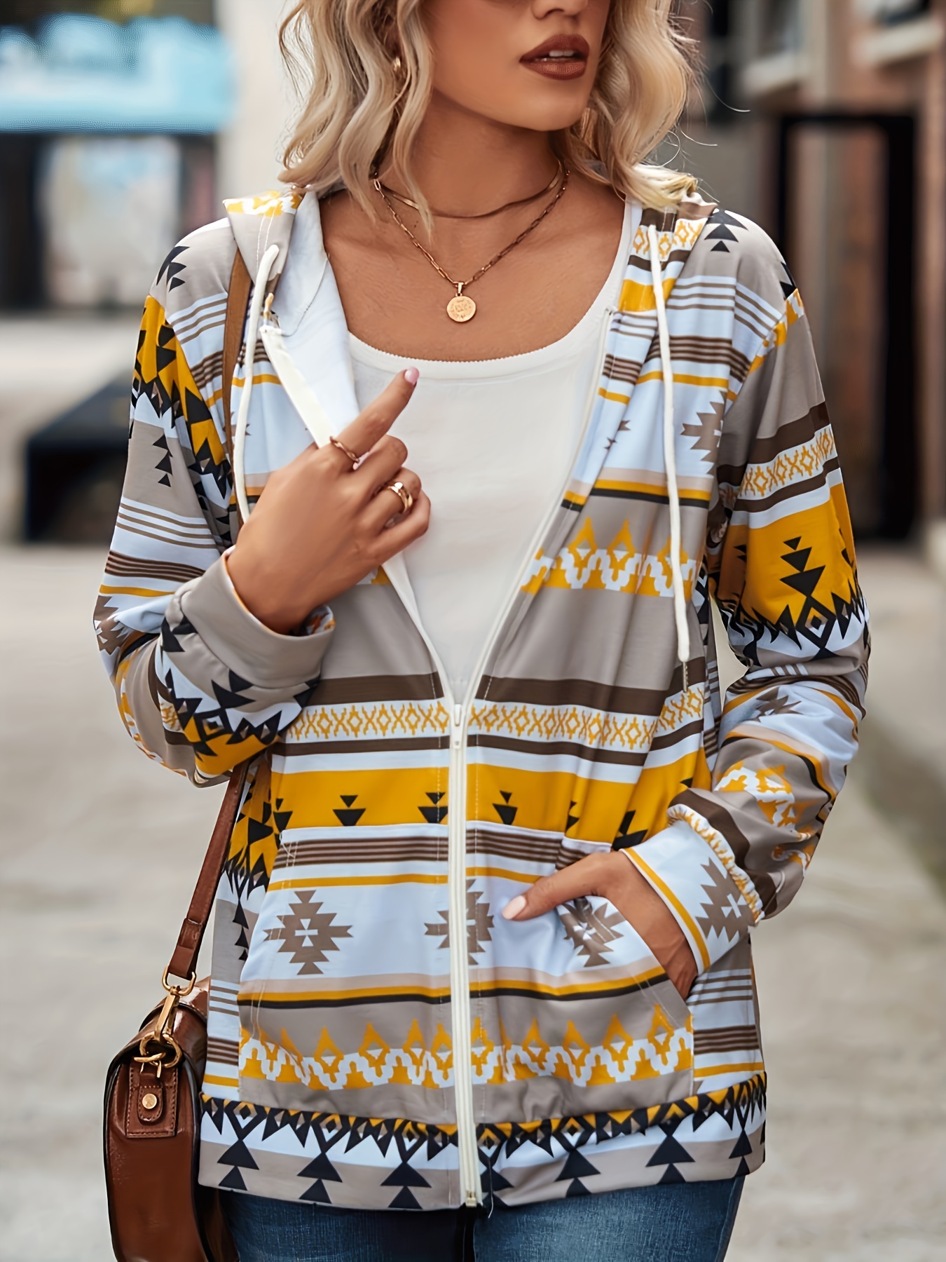 aztec print zip up jacket casual drawstring hooded long sleeve outerwear womens clothing details 6