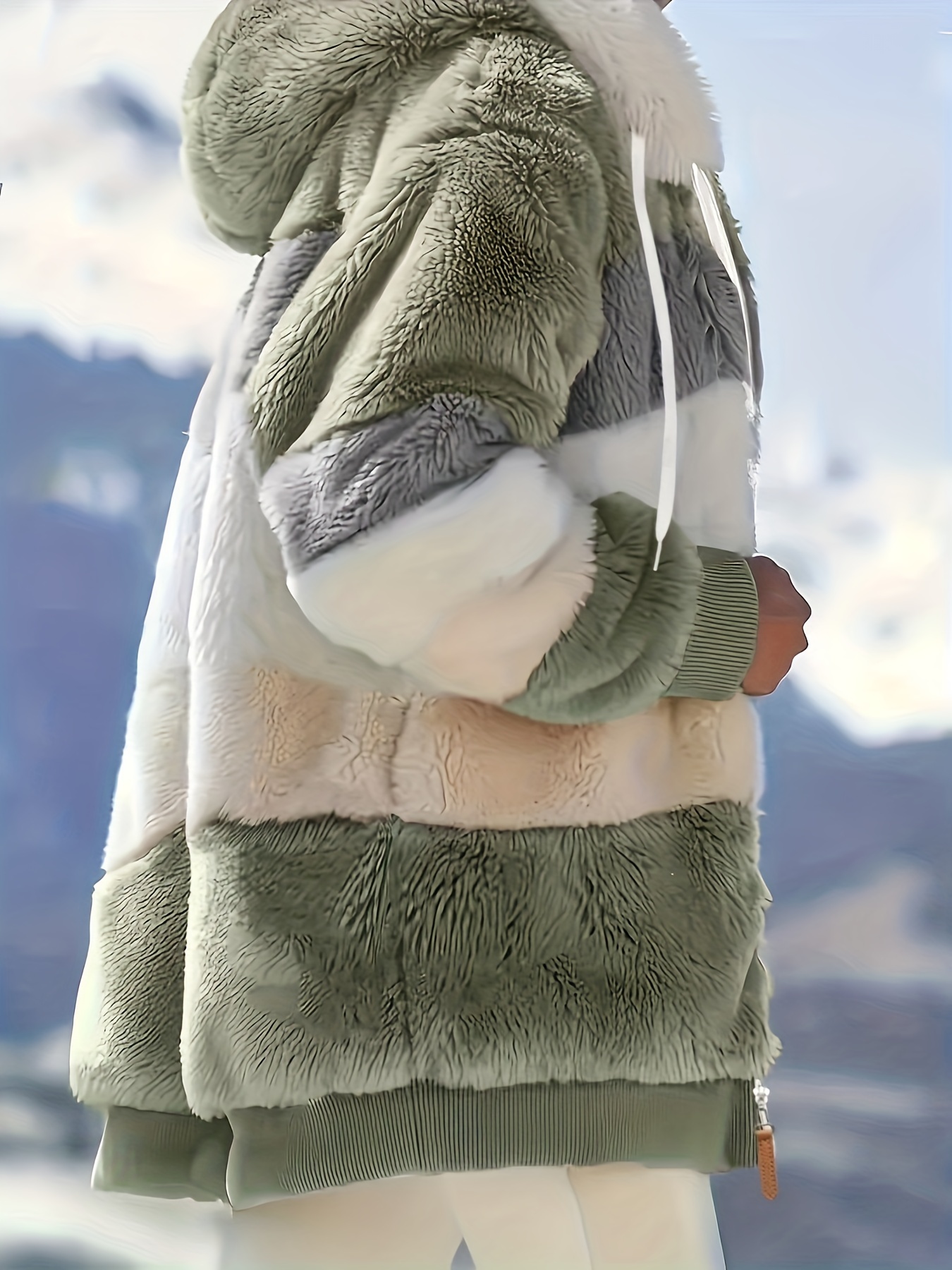 color block hooded teddy coat casual zip up long sleeve winter warm outerwear womens clothing details 17