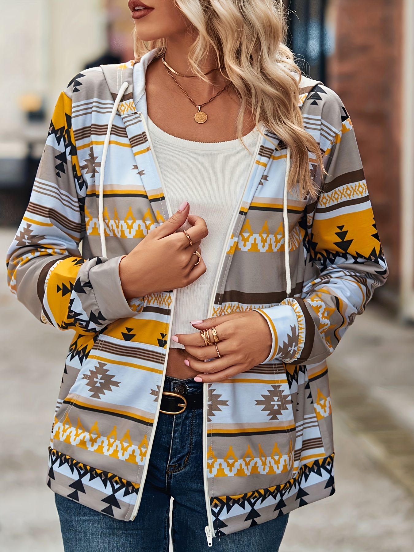aztec print zip up jacket casual drawstring hooded long sleeve outerwear womens clothing details 9