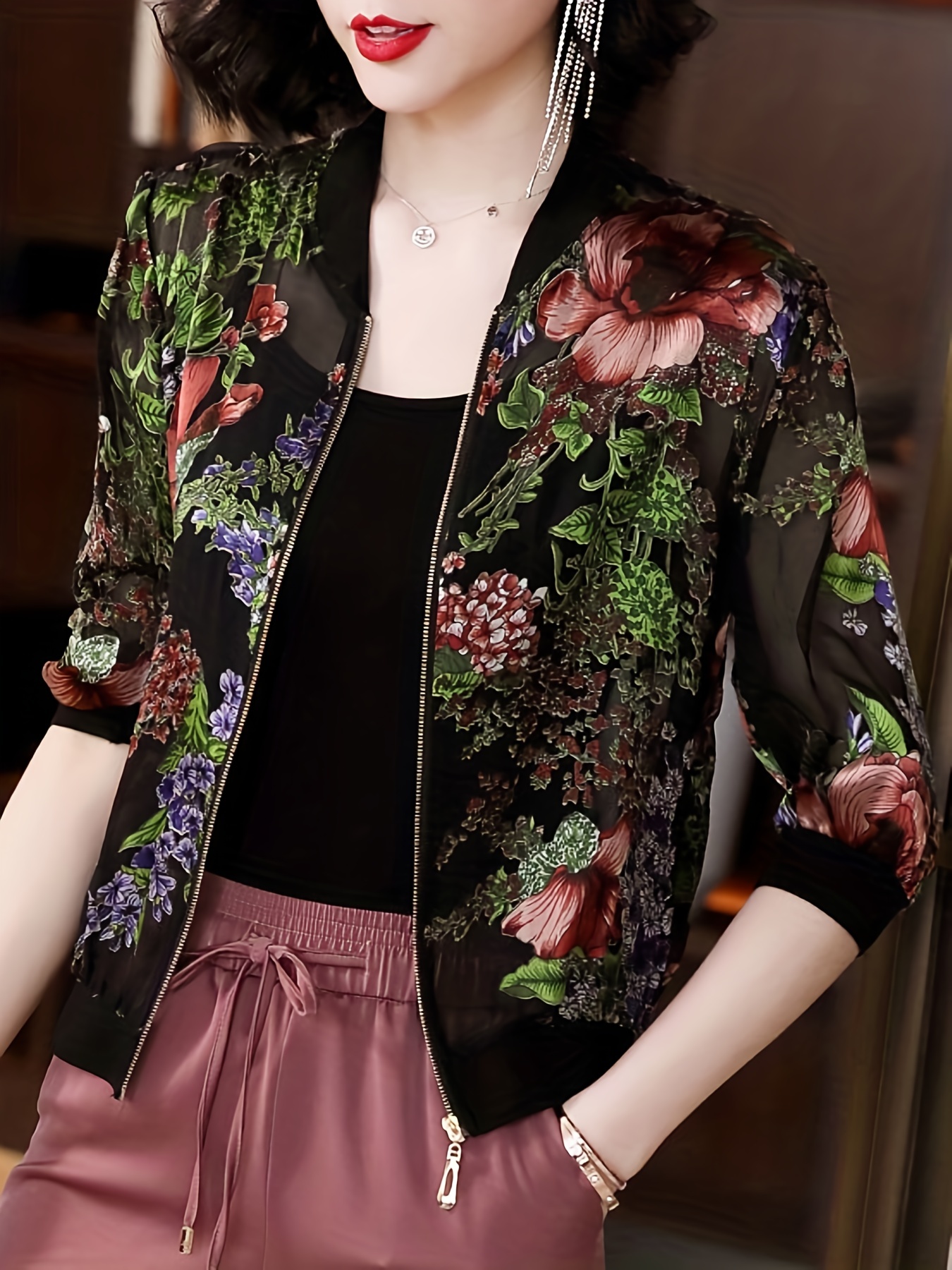 floral print zip up lightweight jacket casual long sleeve baseball collar outerwear for spring summer womens clothing details 5