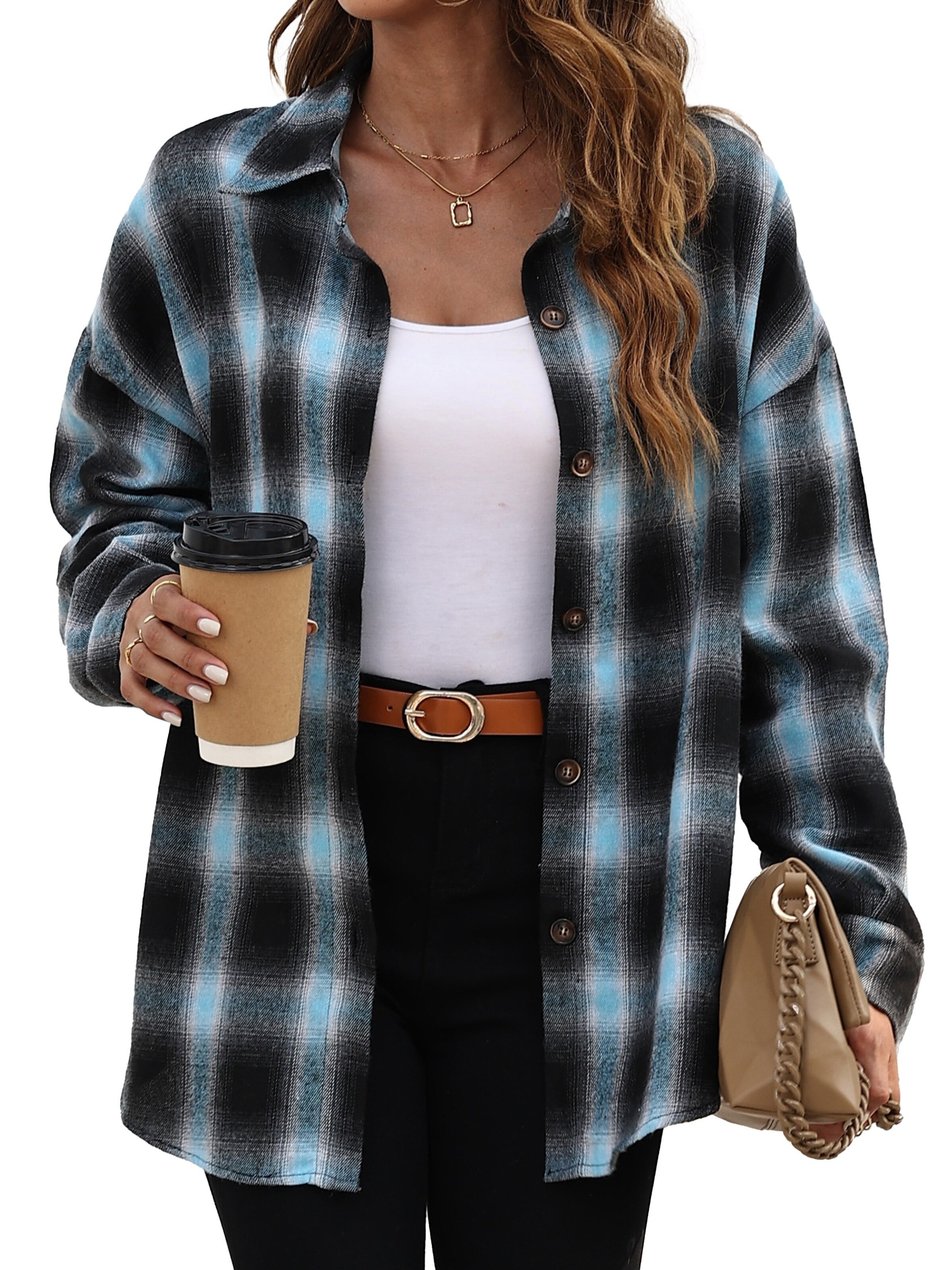 plaid pattern shacket jacket casual button front long sleeve outerwear womens clothing details 0